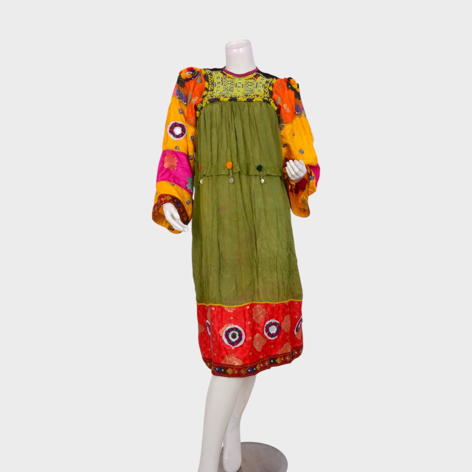 Traditional Multi-Colored Afghani Dress with Embroidered Sleeves and Coin Detailing