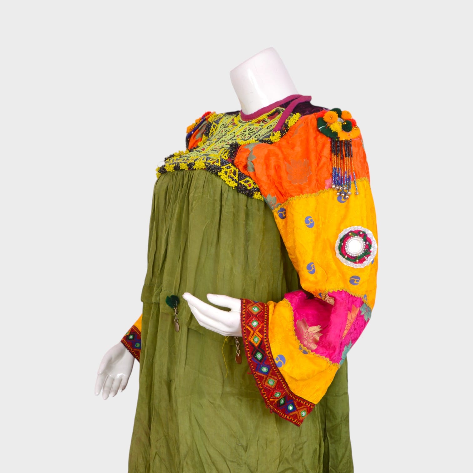 Traditional Multi-Colored Afghani Dress with Embroidered Sleeves and Coin Detailing