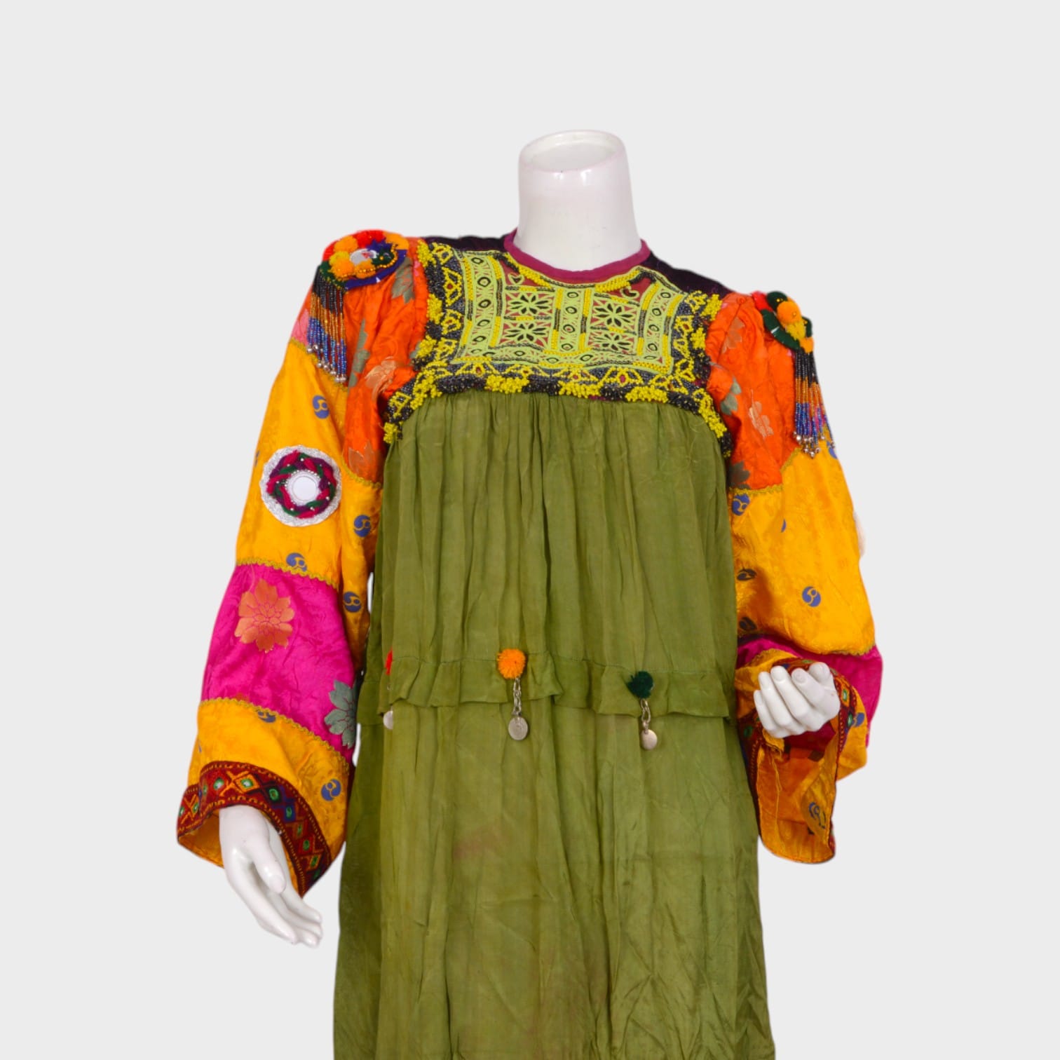 Traditional Multi-Colored Afghani Dress with Embroidered Sleeves and Coin Detailing