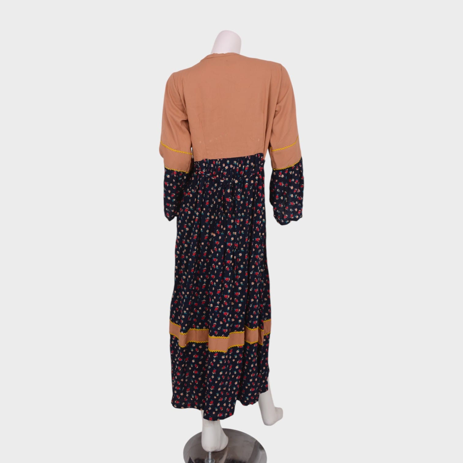 Classic Afghani Floral Dress with Embroidered Waist and Golden Trim