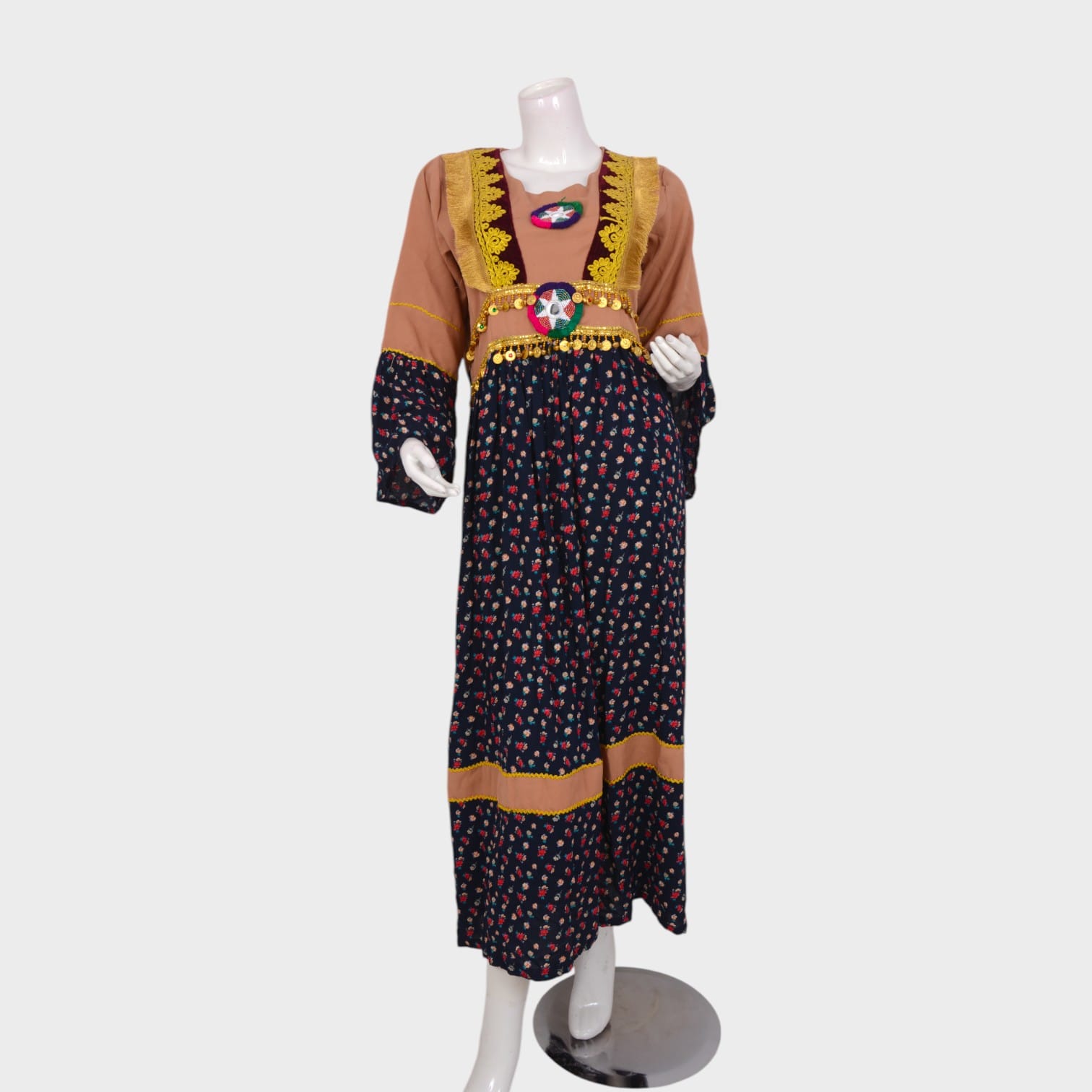 Classic Afghani Floral Dress with Embroidered Waist and Golden Trim