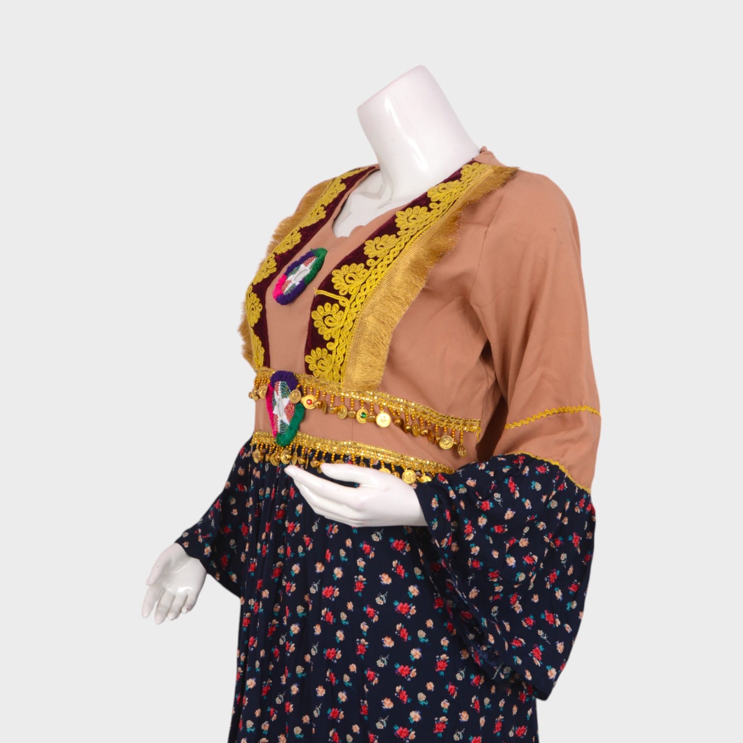 Classic Afghani Floral Dress with Embroidered Waist and Golden Trim