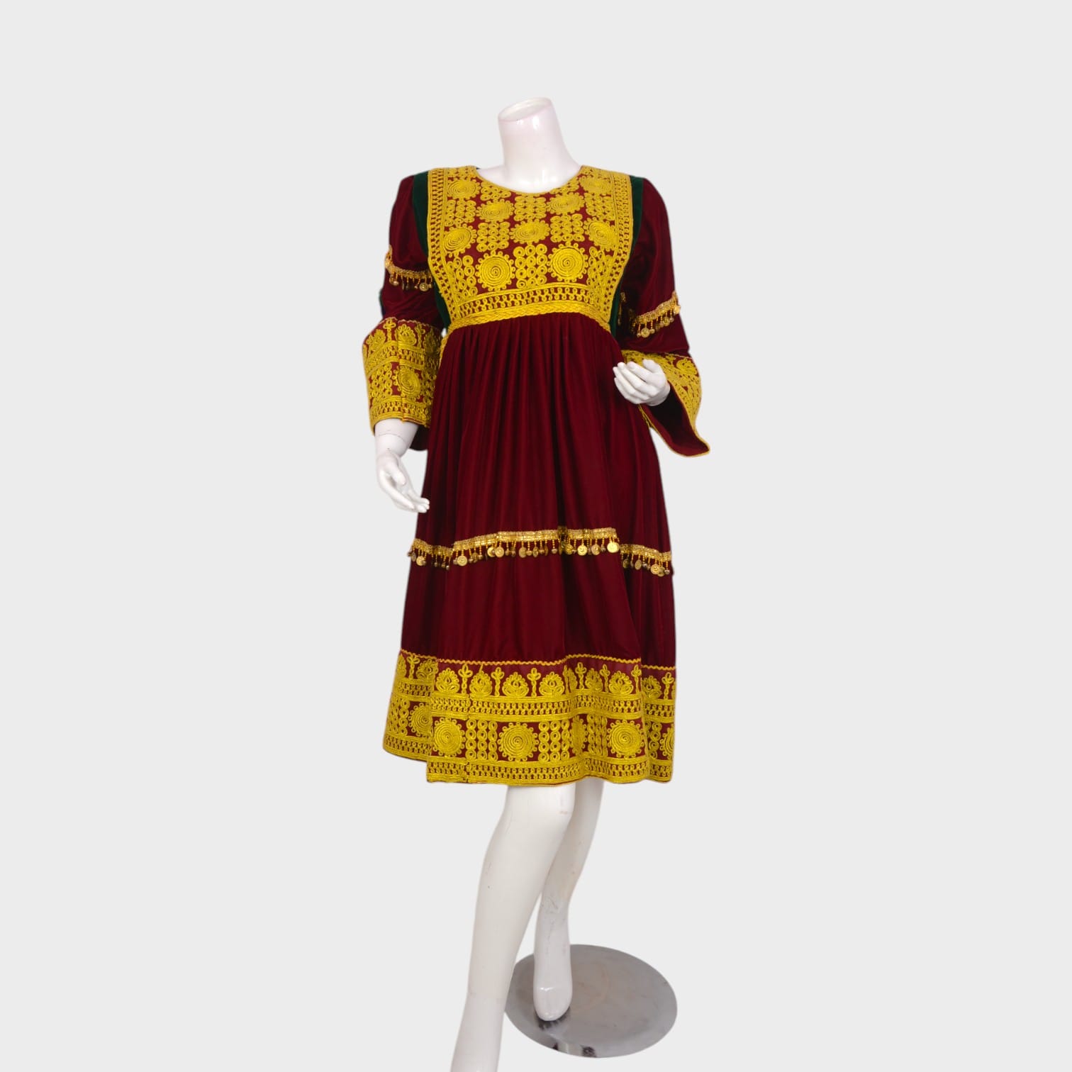 Maroon Afghani Velvet Dress with Golden Embroidered Patterns