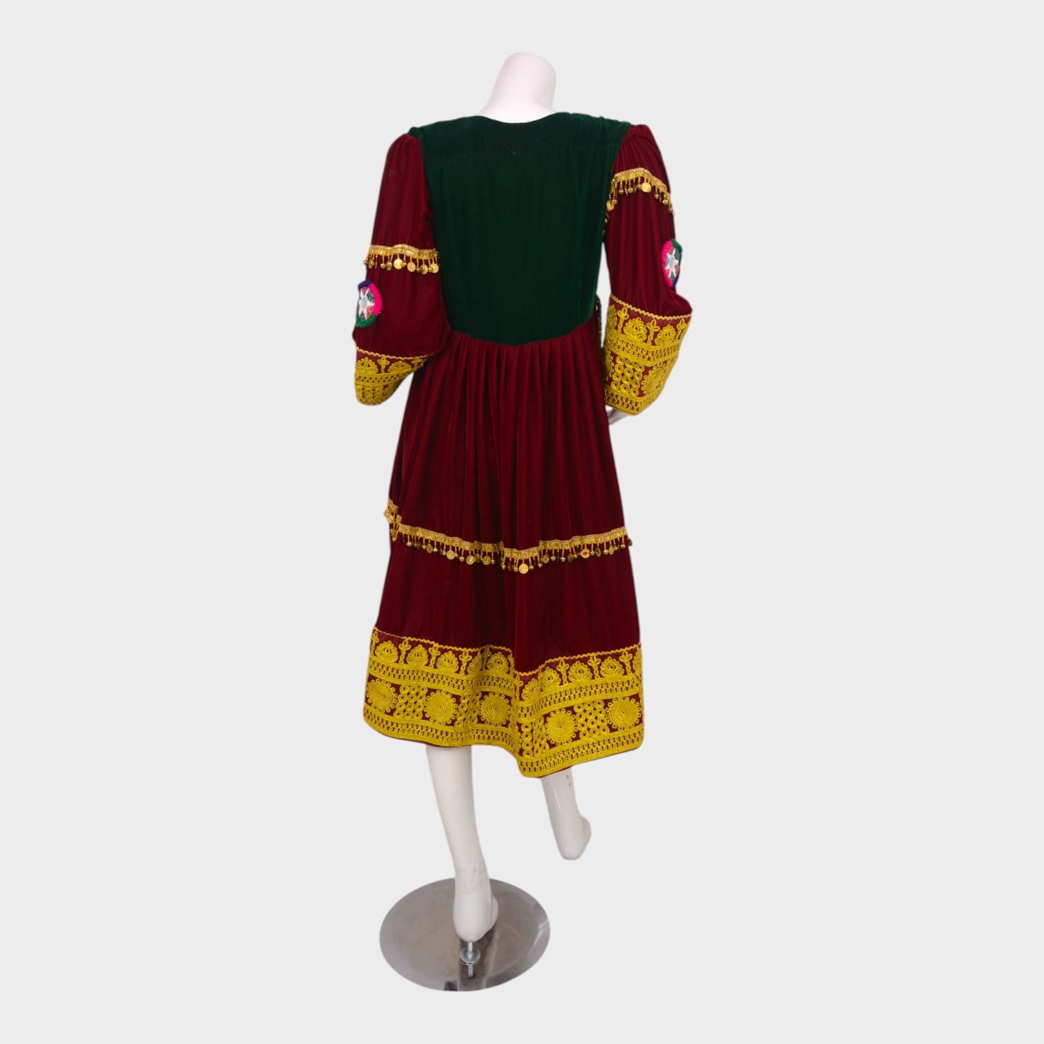 Maroon Afghani Velvet Dress with Golden Embroidered Patterns