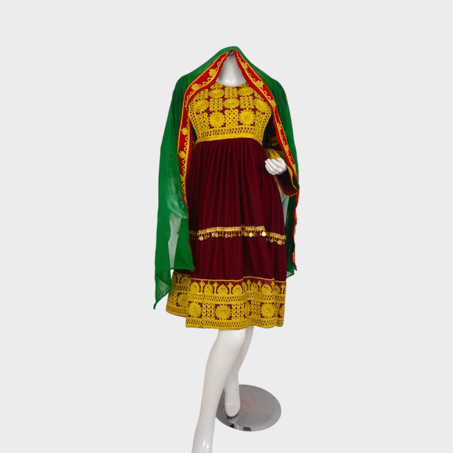 Maroon Afghani Velvet Dress with Golden Embroidered Patterns