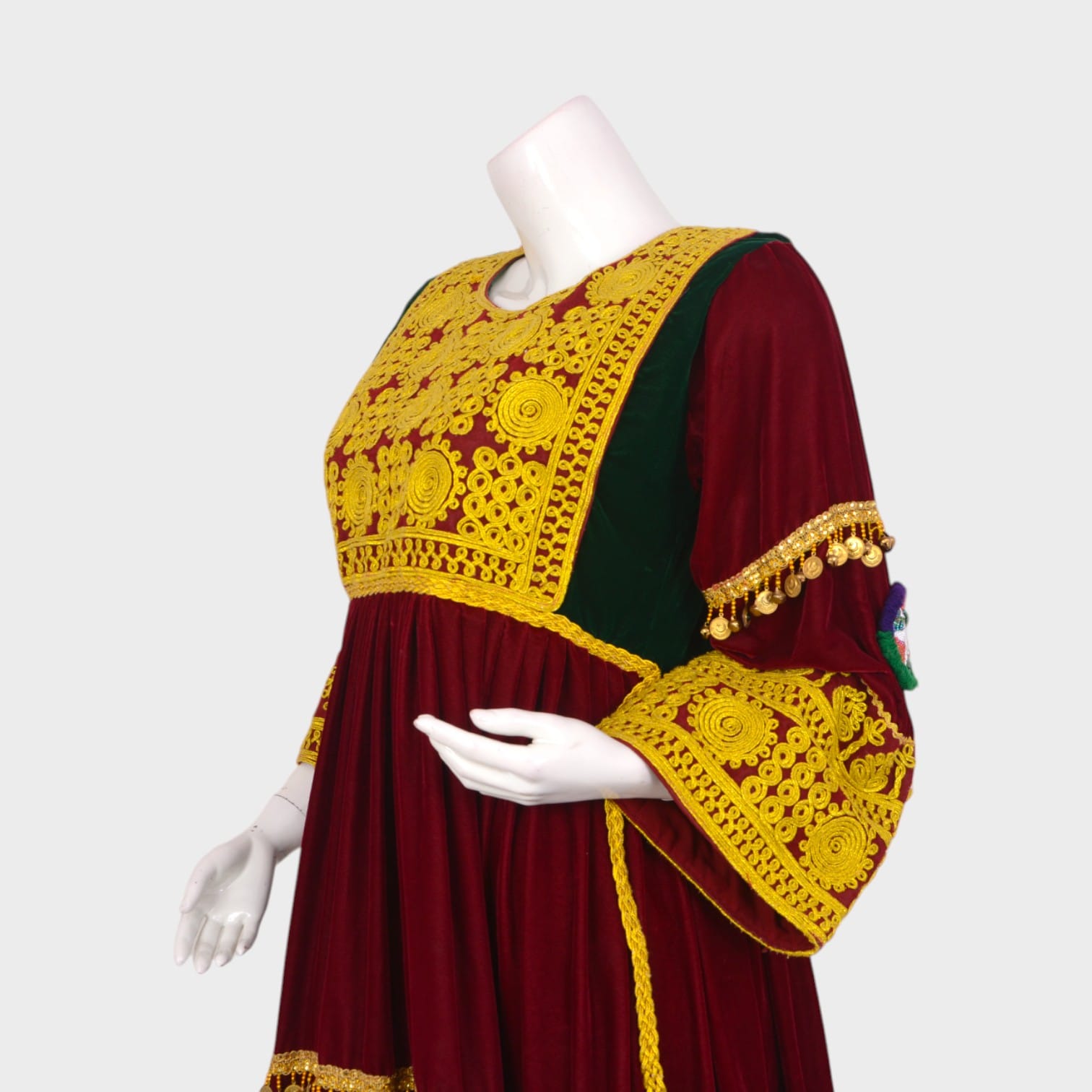 Maroon Afghani Velvet Dress with Golden Embroidered Patterns