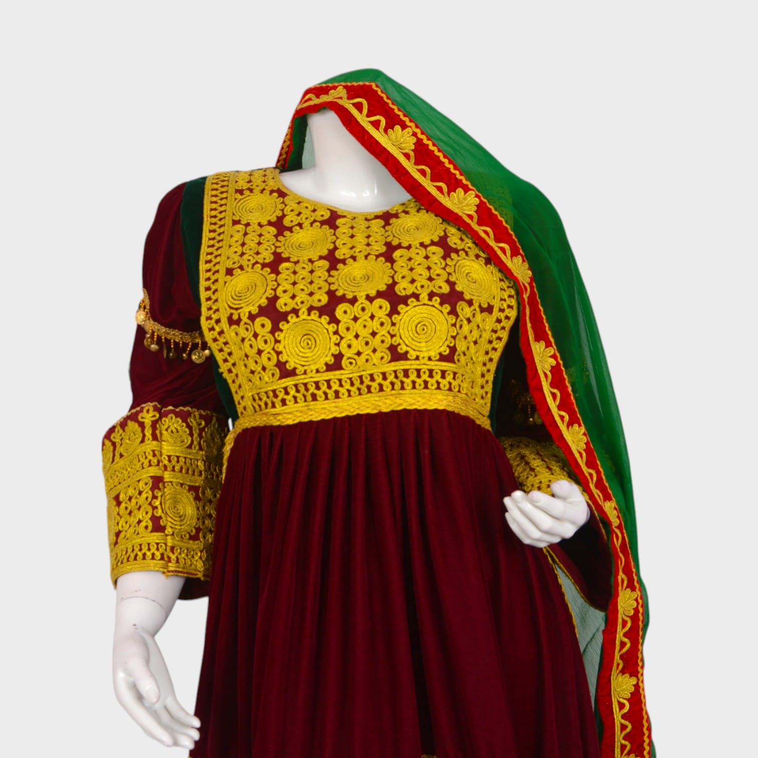 Maroon Afghani Velvet Dress with Golden Embroidered Patterns