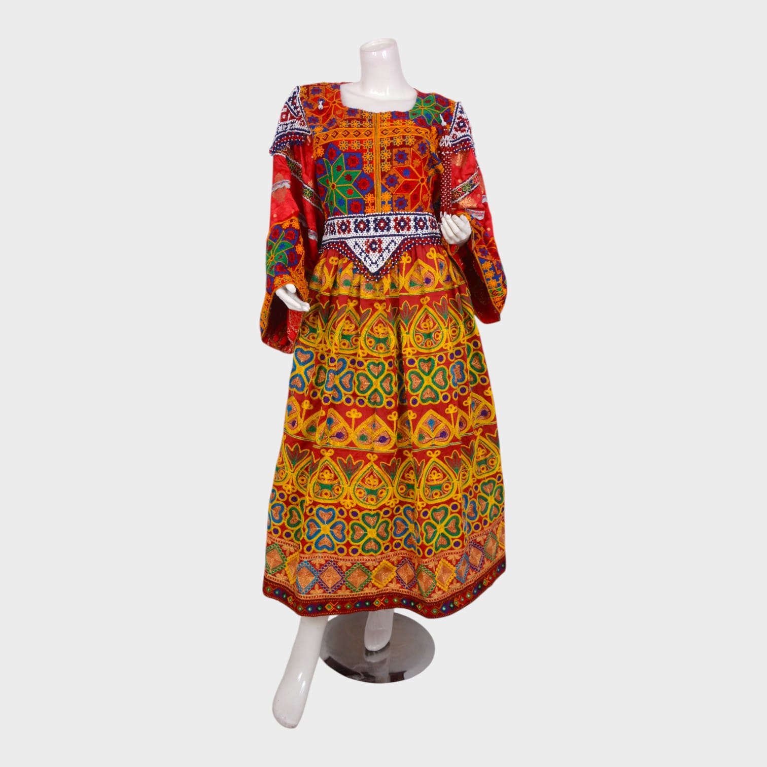 Multicolor Traditional Afghani Dress with Geometric Embroidery