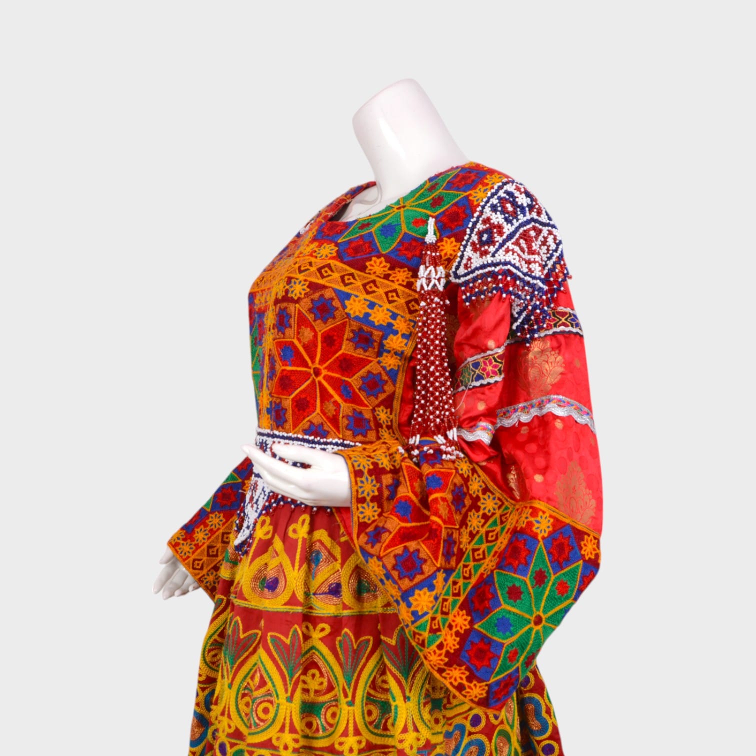 Multicolor Traditional Afghani Dress with Geometric Embroidery