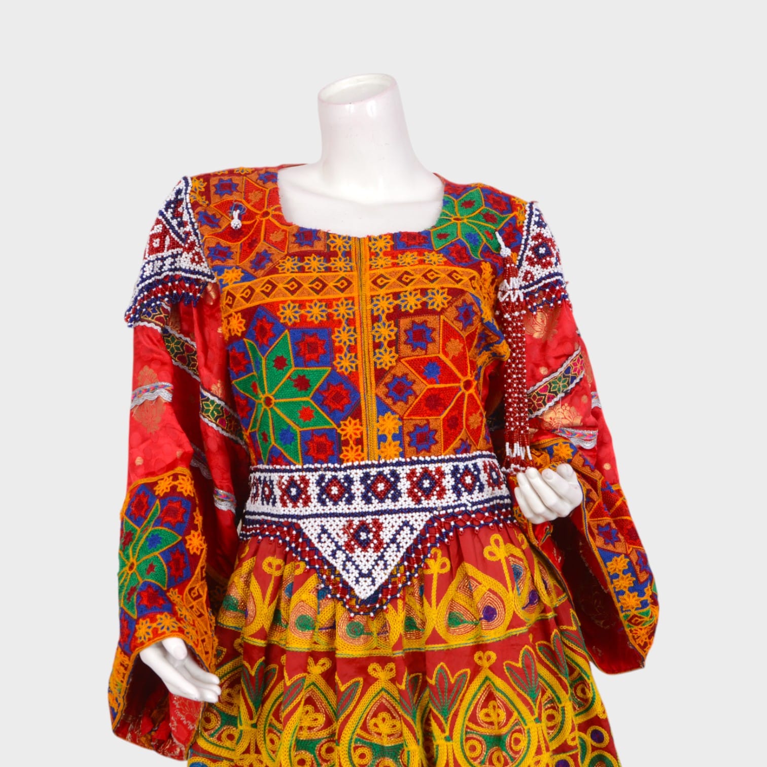 Multicolor Traditional Afghani Dress with Geometric Embroidery