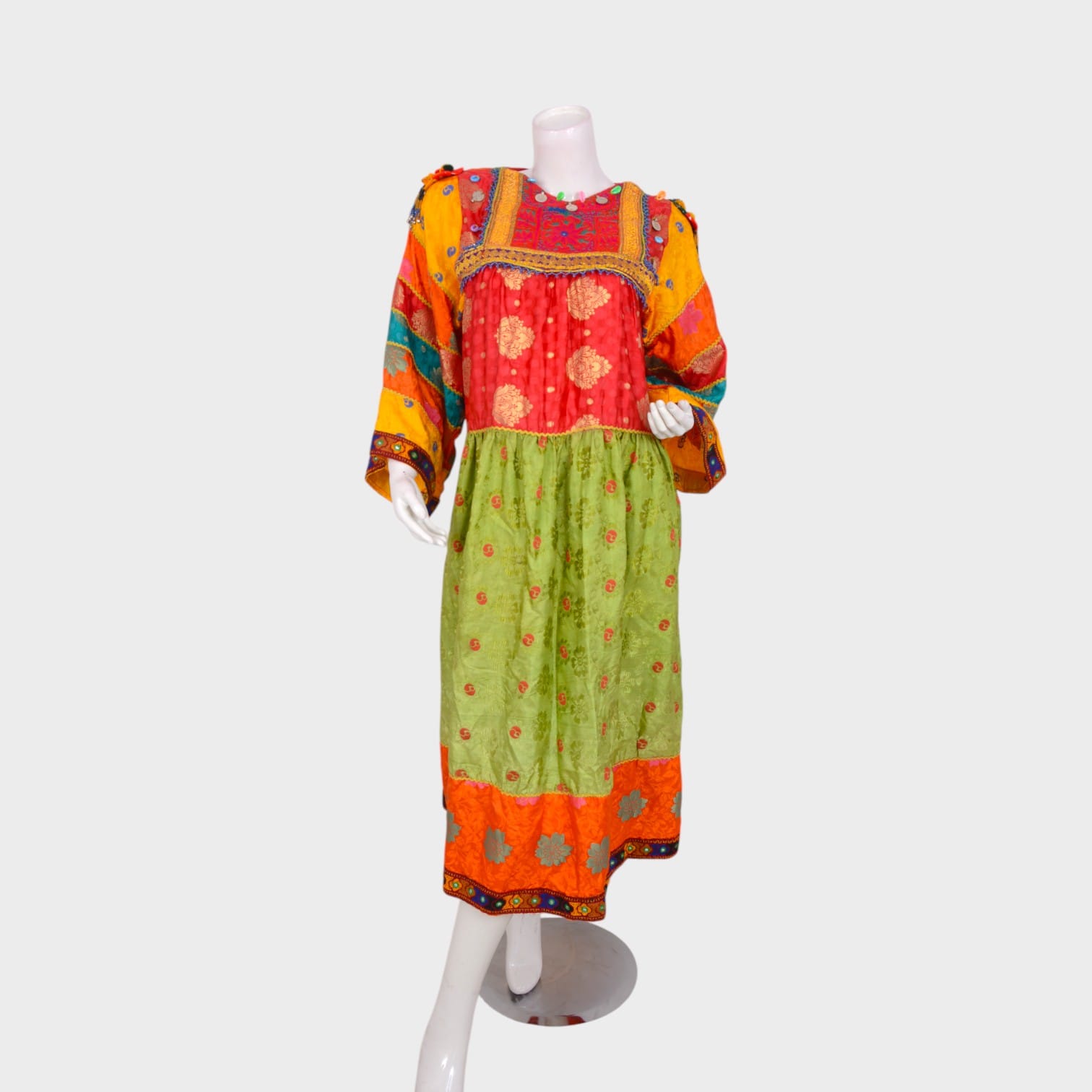 Colorful Afghani Traditional Dress with Embroidered Patterns and Mirror Detailing