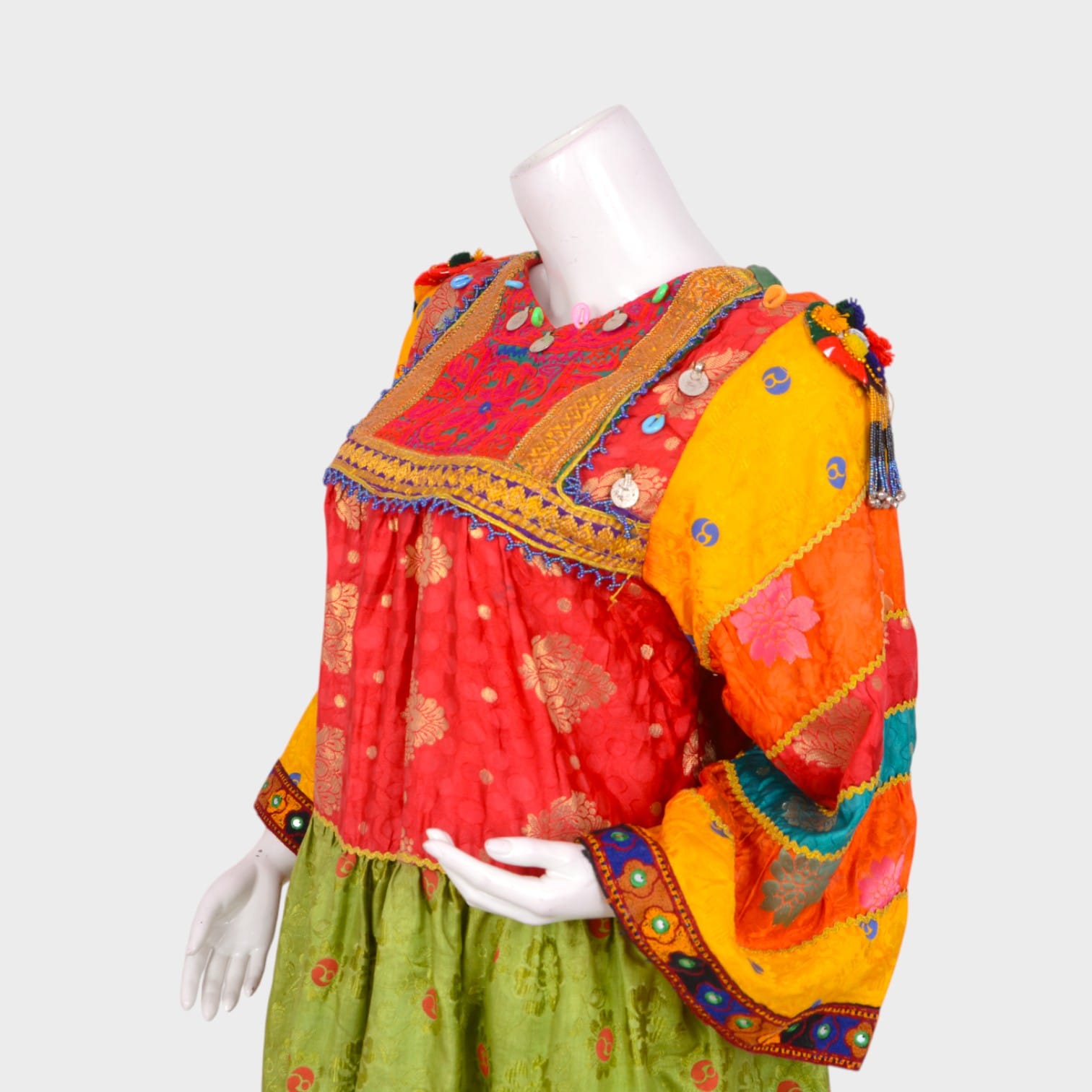 Colorful Afghani Traditional Dress with Embroidered Patterns and Mirror Detailing