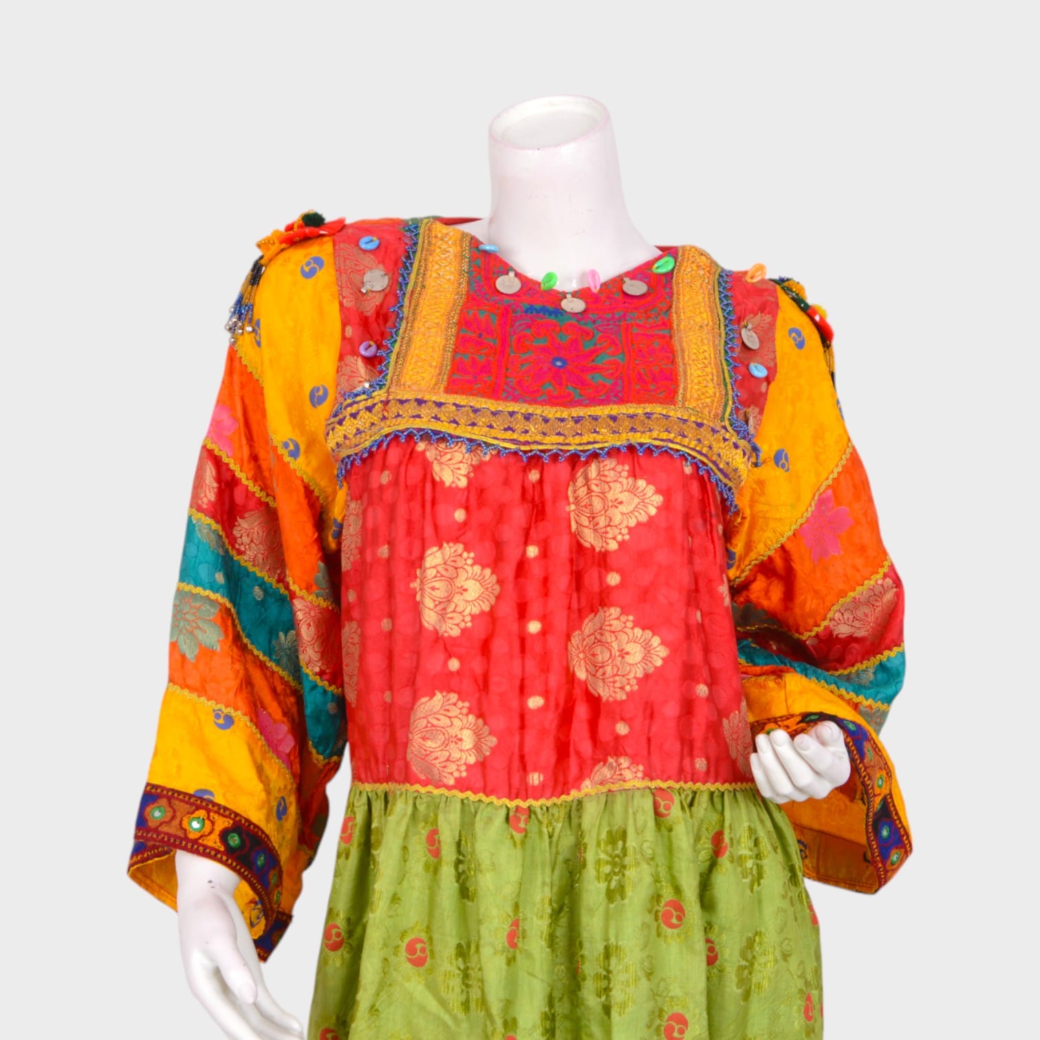 Colorful Afghani Traditional Dress with Embroidered Patterns and Mirror Detailing