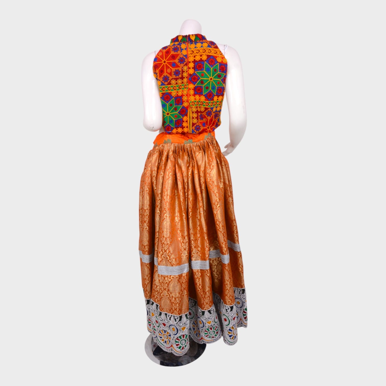 Afghani Traditional Embroidered Top with Jacquard Orange Skirt Set