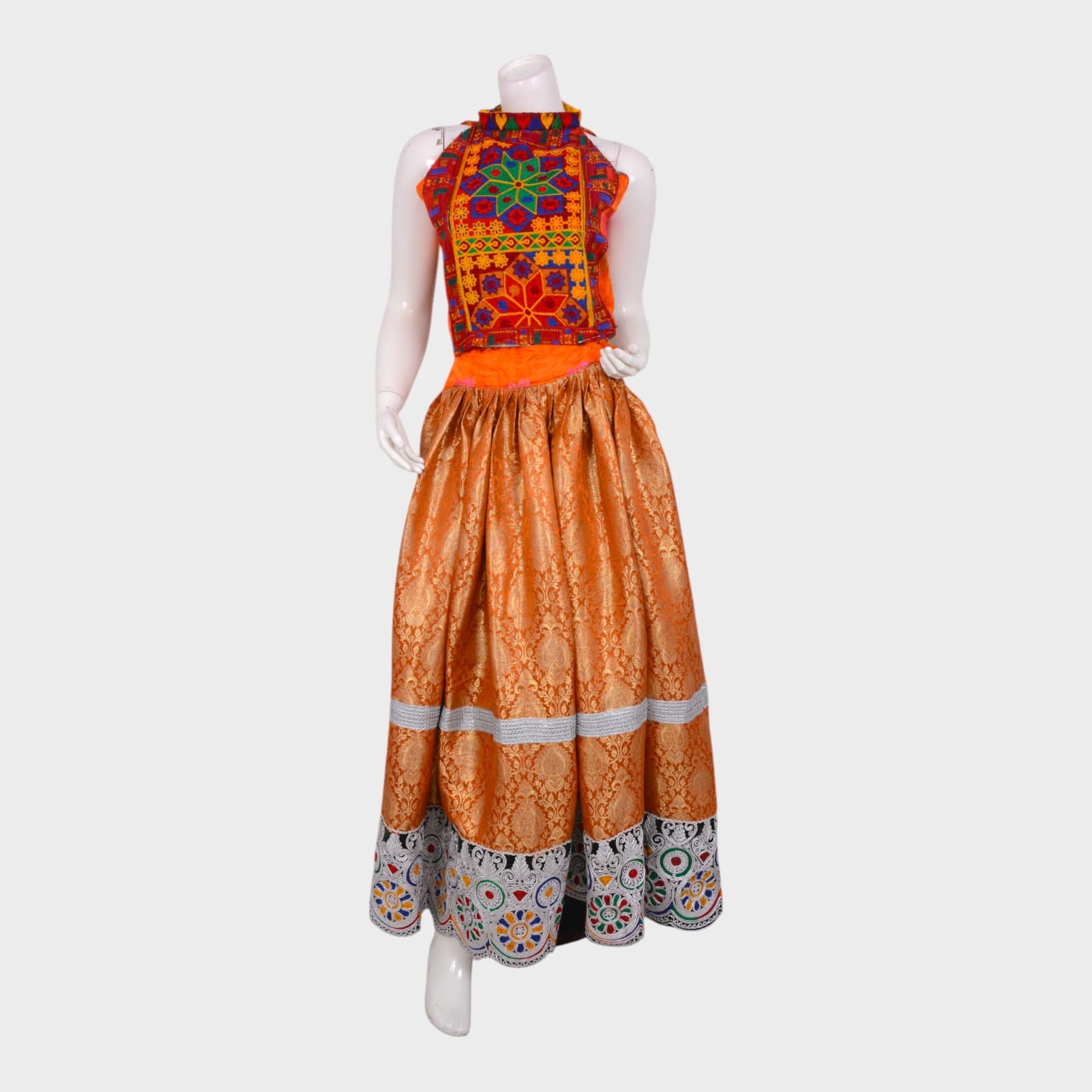 Afghani Traditional Embroidered Top with Jacquard Orange Skirt Set