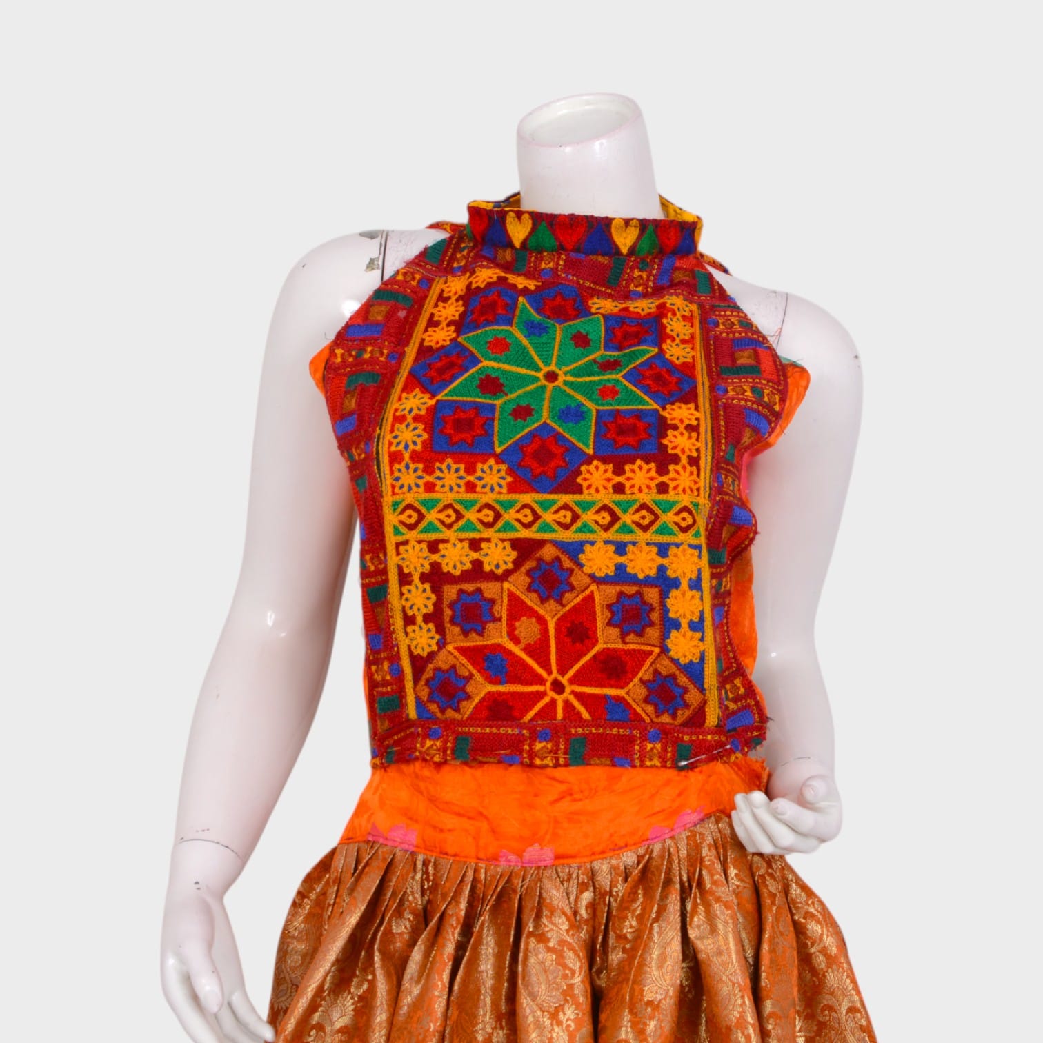 Afghani Traditional Embroidered Top with Jacquard Orange Skirt Set