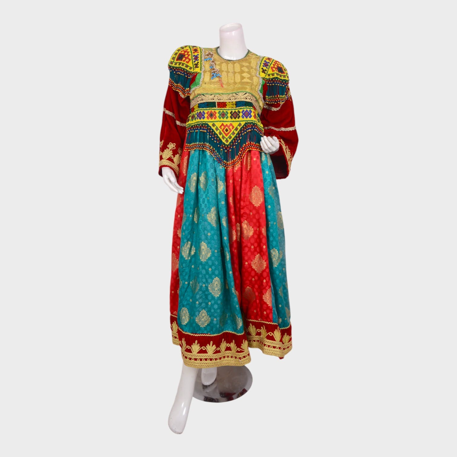 Royal Afghani Dress with Embroidered Bodice and Dual-Tone Skirt