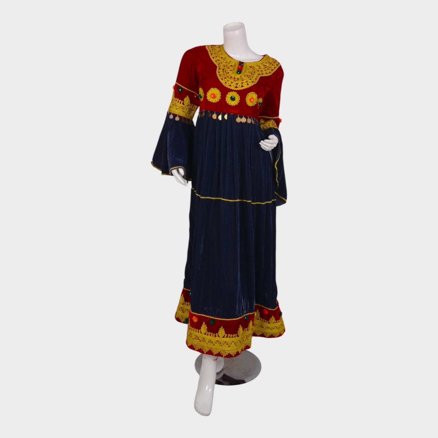 Red Velvet Afghani Dress with Golden Embroidery and Coin Detailing