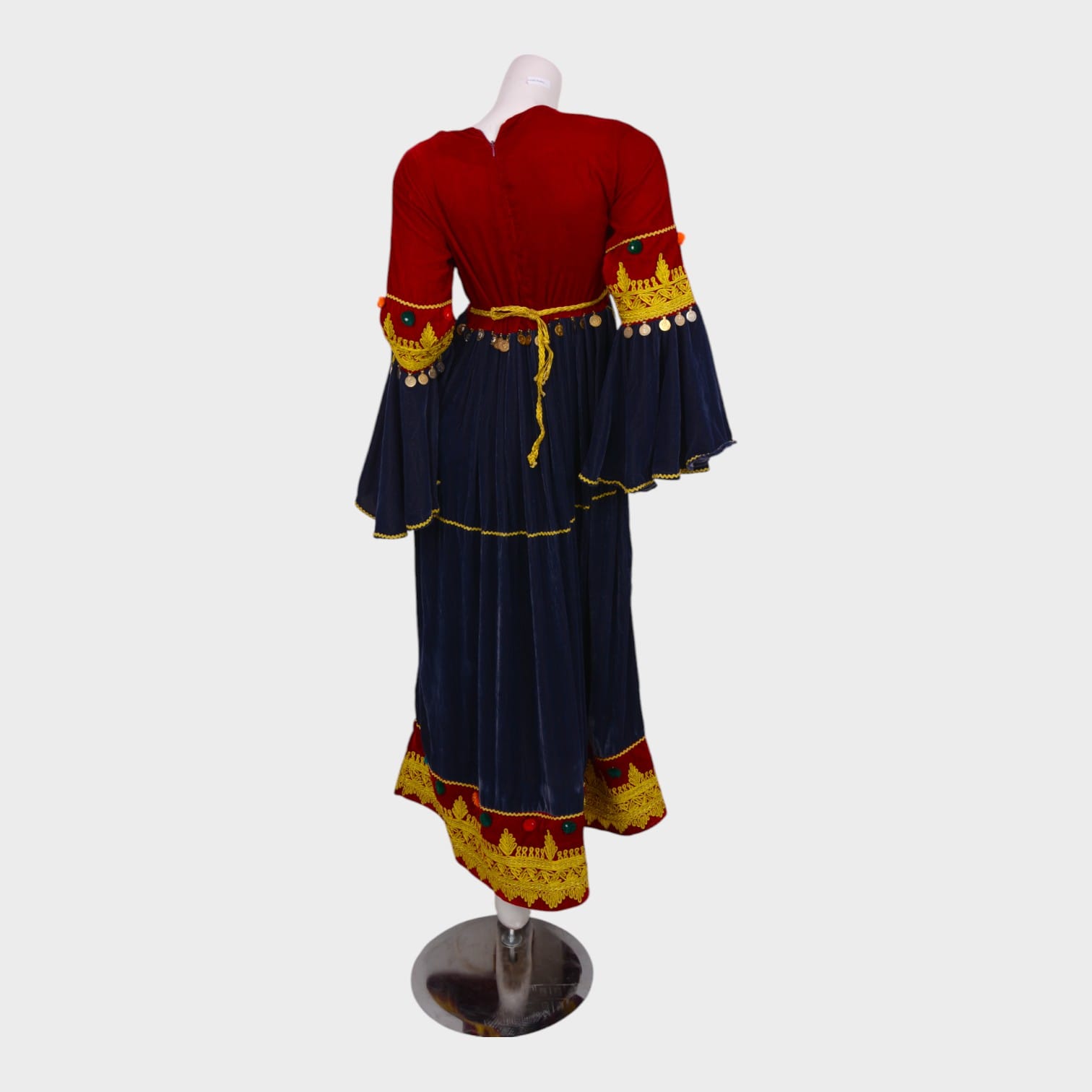 Red Velvet Afghani Dress with Golden Embroidery and Coin Detailing