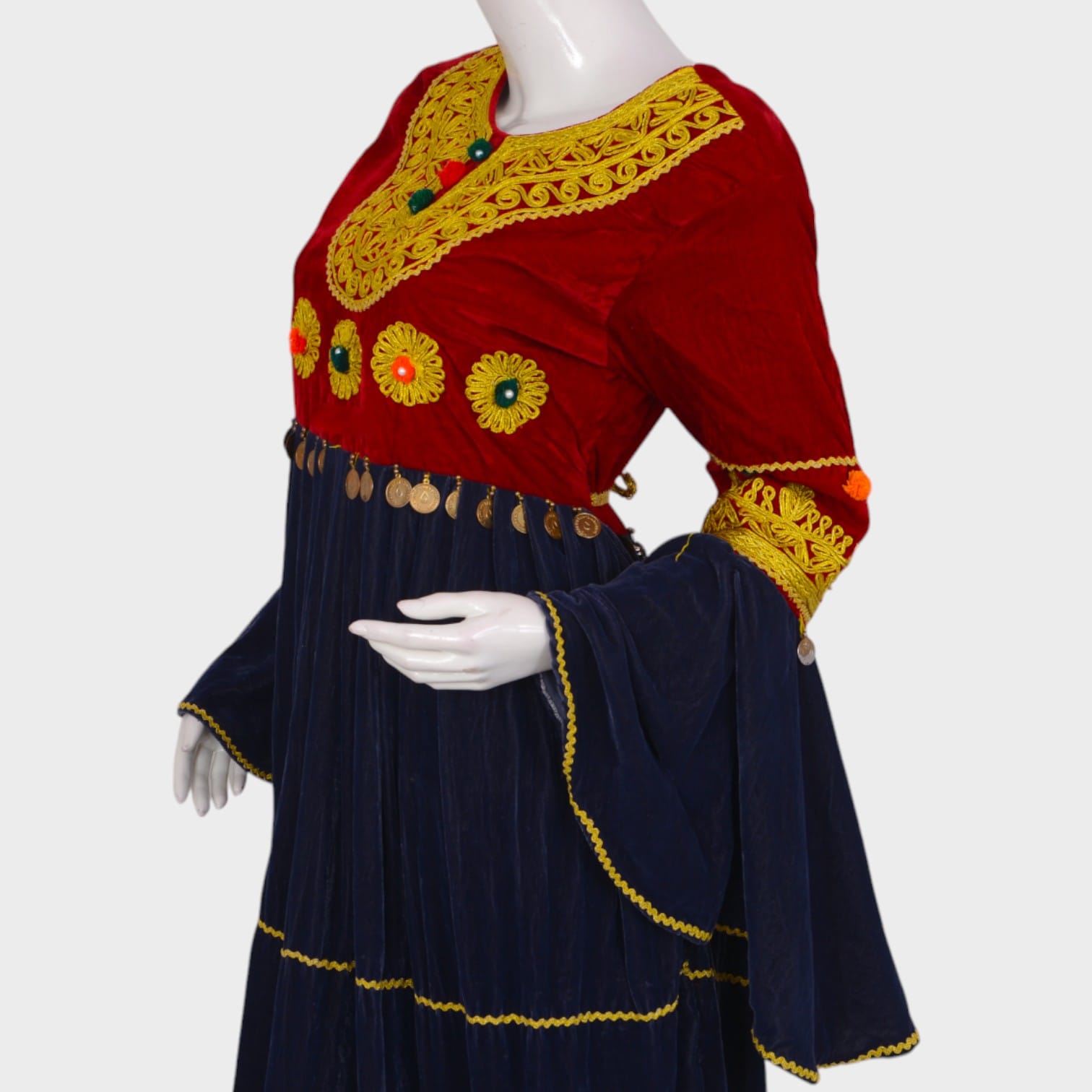 Red Velvet Afghani Dress with Golden Embroidery and Coin Detailing
