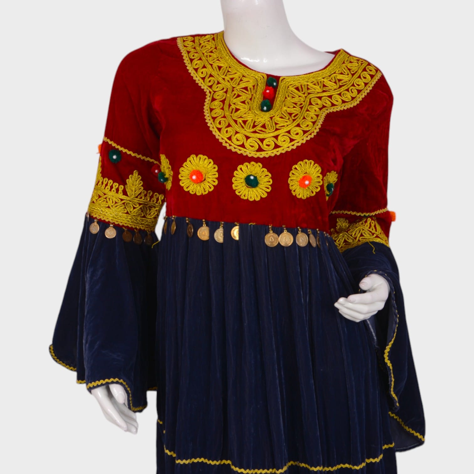 Red Velvet Afghani Dress with Golden Embroidery and Coin Detailing