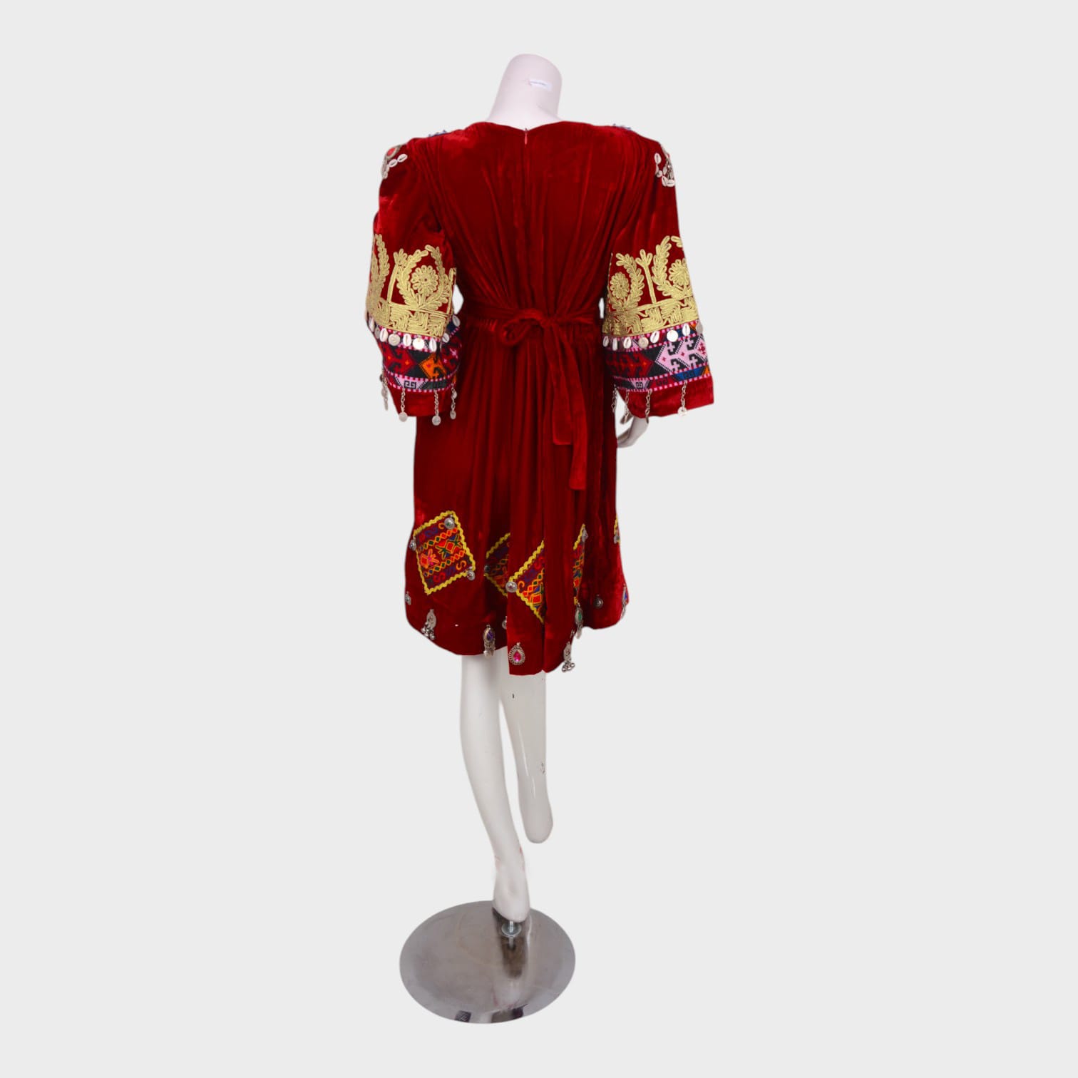Short Red Afghani Dress with Colorful Embroidery and Coin Embellishments