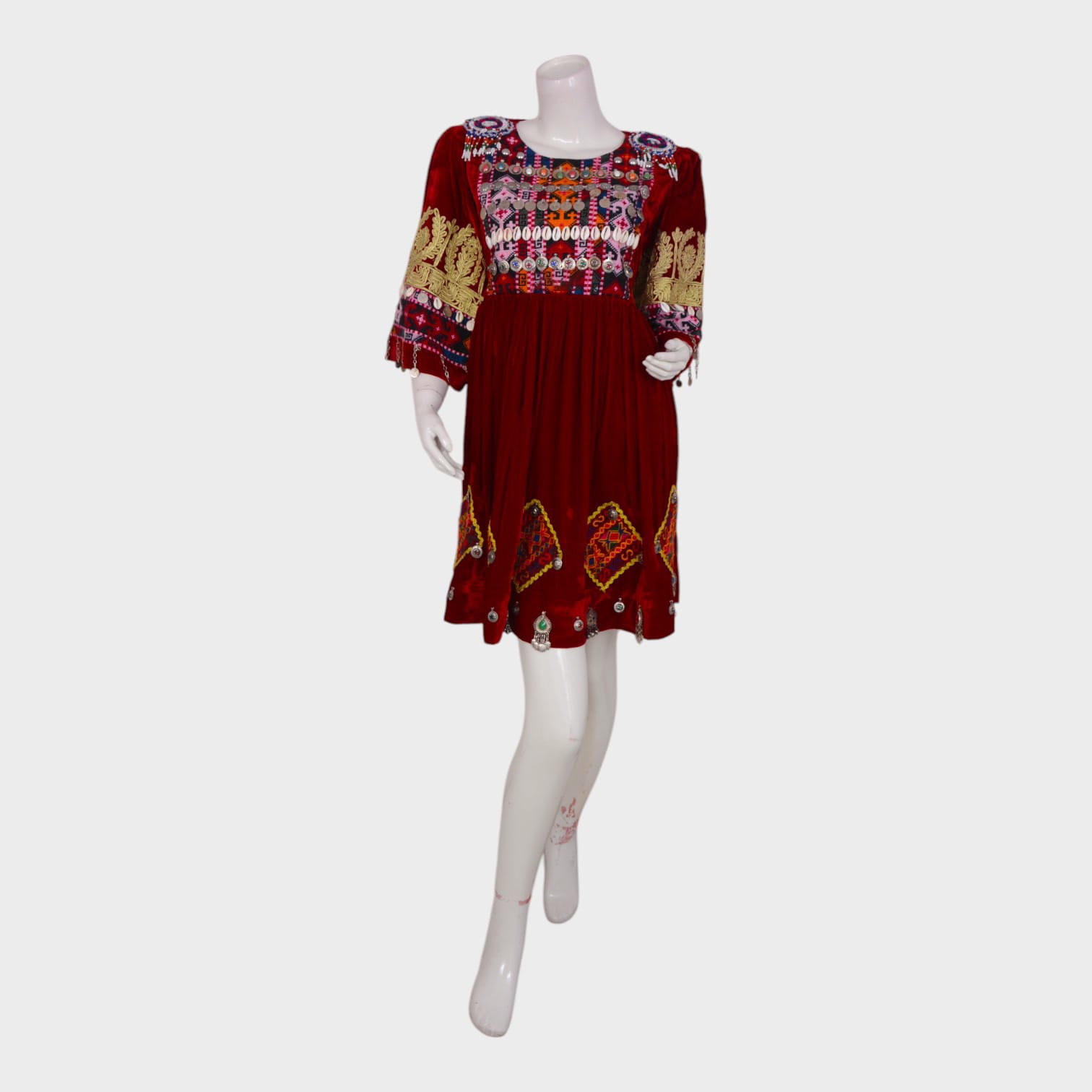 Short Red Afghani Dress with Colorful Embroidery and Coin Embellishments