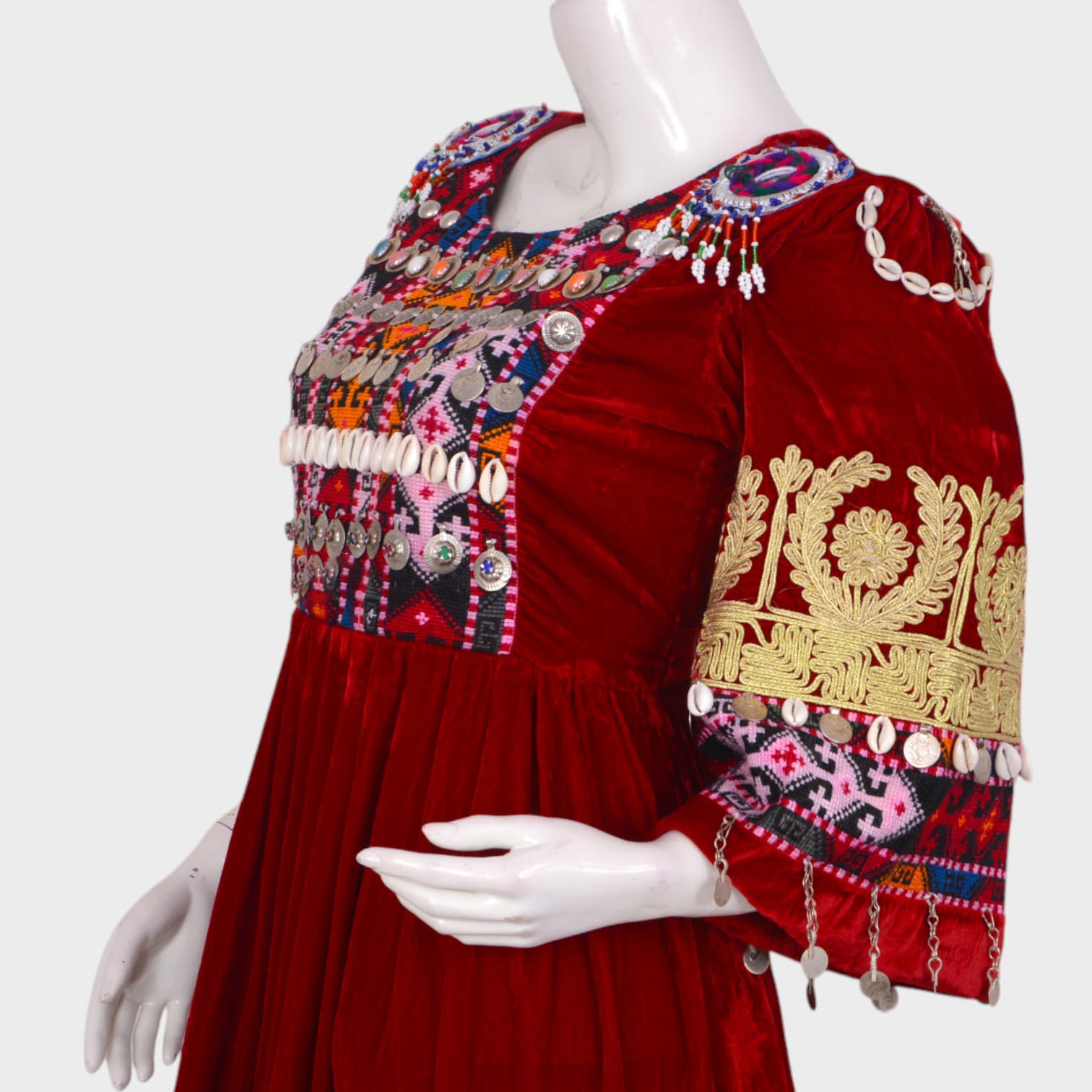 Short Red Afghani Dress with Colorful Embroidery and Coin Embellishments