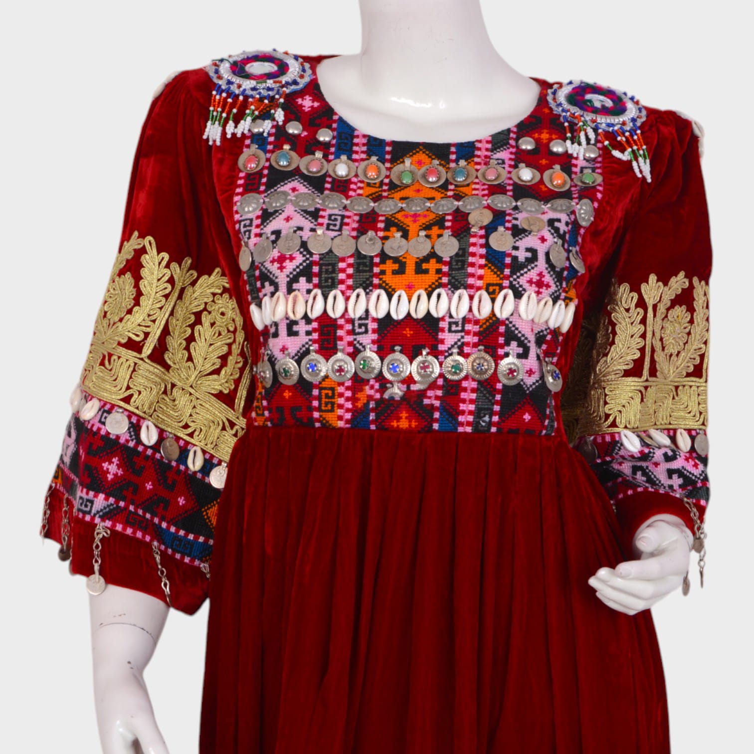 Short Red Afghani Dress with Colorful Embroidery and Coin Embellishments