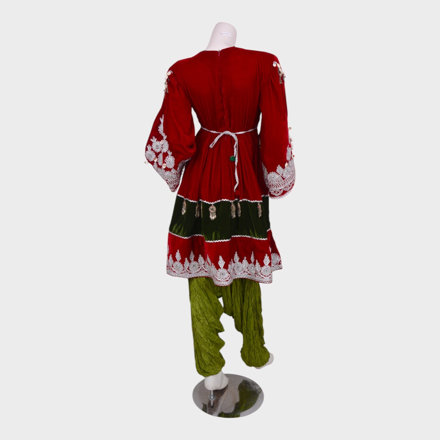 Red & Green Traditional Afghani Dress Set with Embroidery and Coin Detailing
