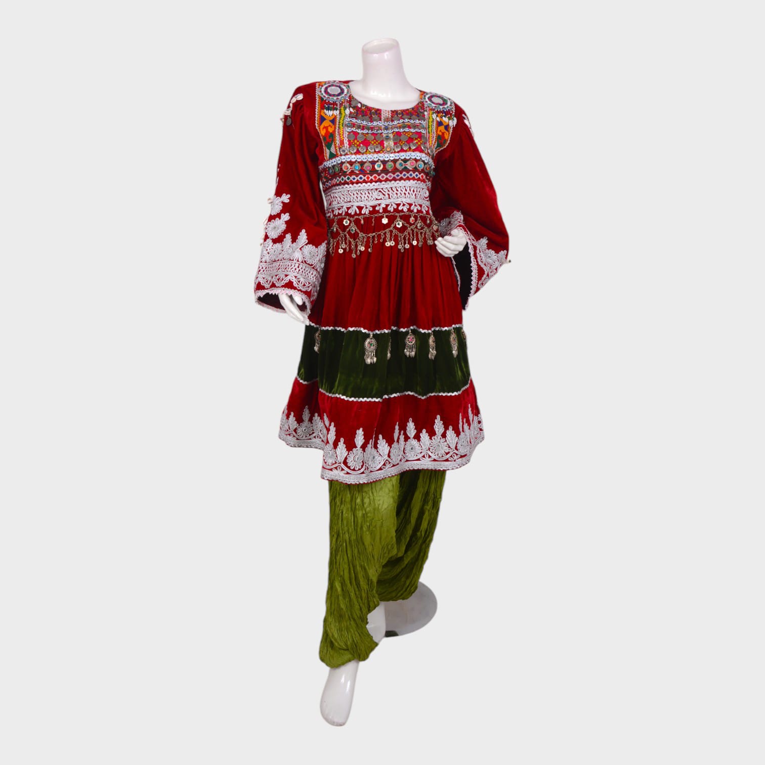 Red & Green Traditional Afghani Dress Set with Embroidery and Coin Detailing