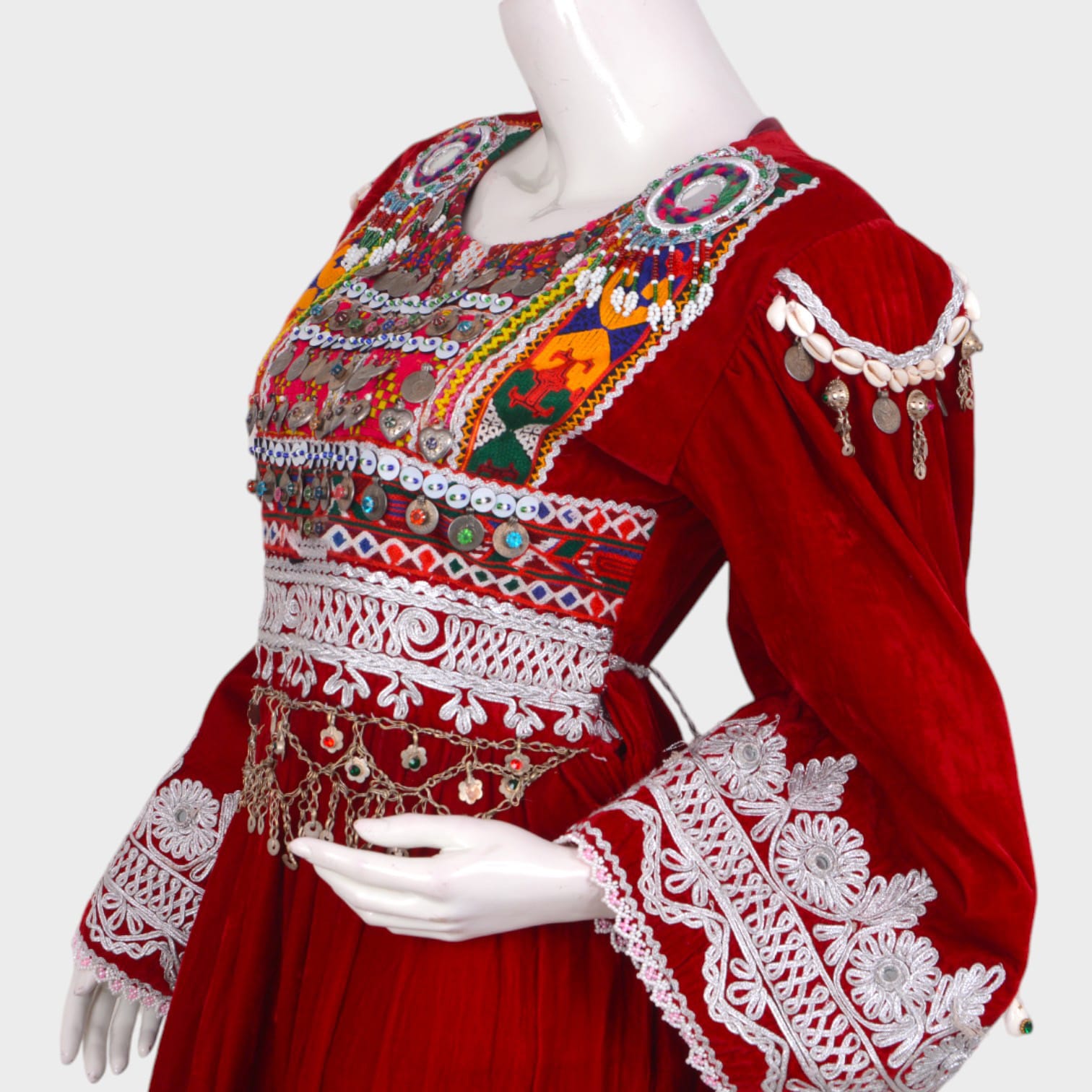 Red & Green Traditional Afghani Dress Set with Embroidery and Coin Detailing