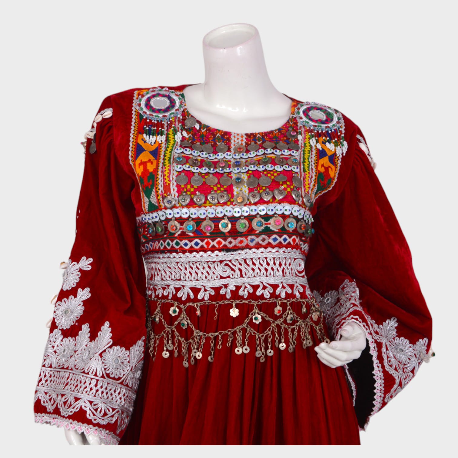 Red & Green Traditional Afghani Dress Set with Embroidery and Coin Detailing