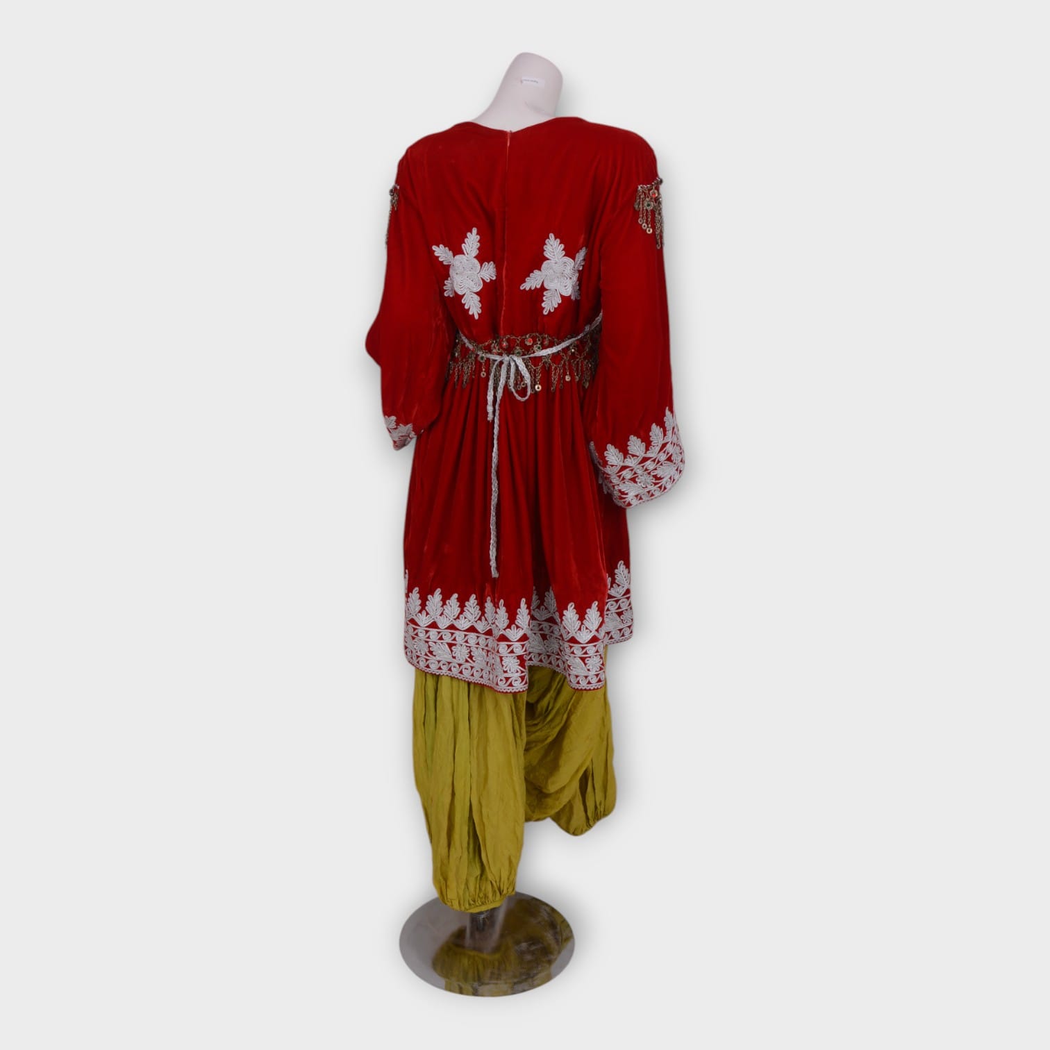 Red Velvet Afghani Dress Set with White Embroidery and Green Trousers