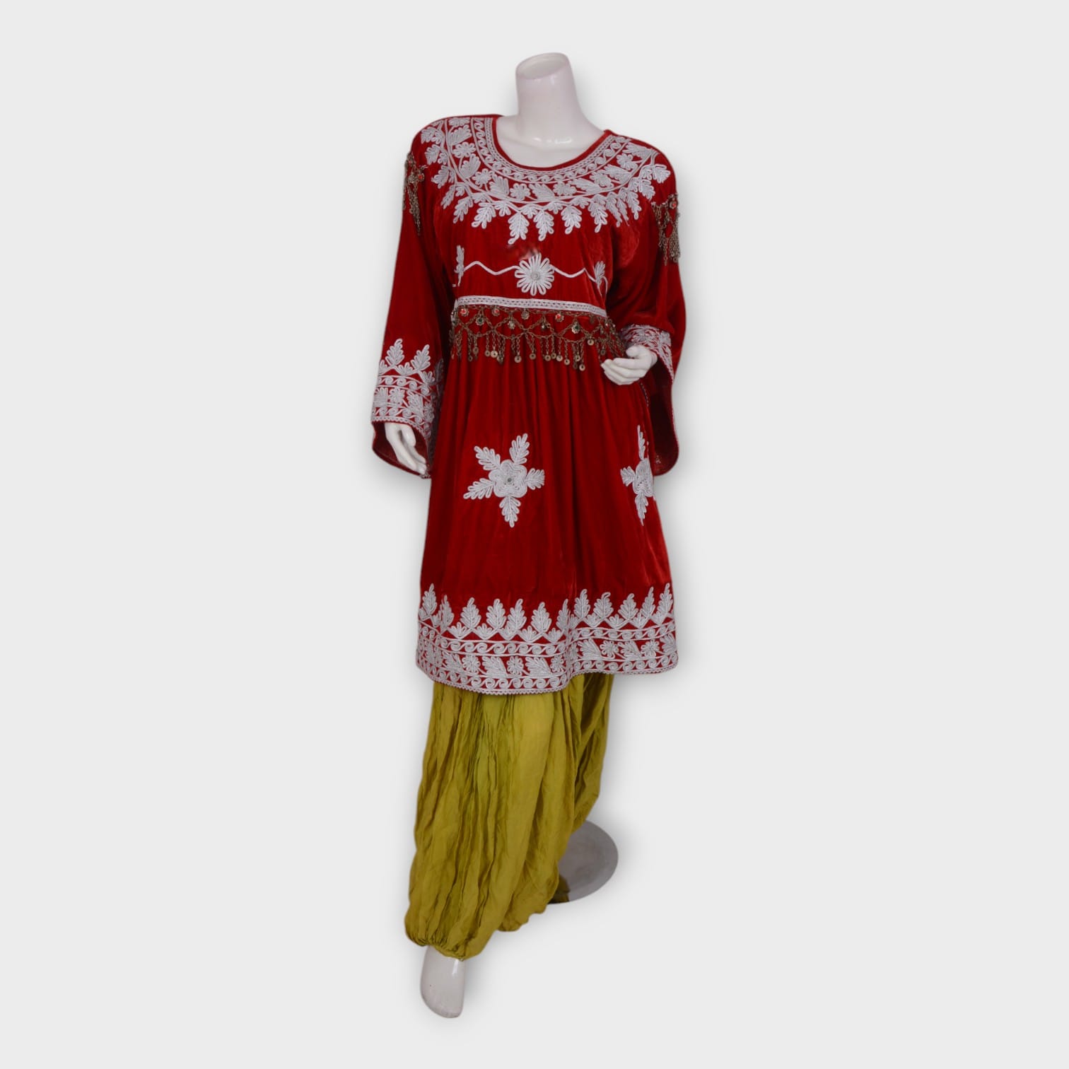 Red Velvet Afghani Dress Set with White Embroidery and Green Trousers