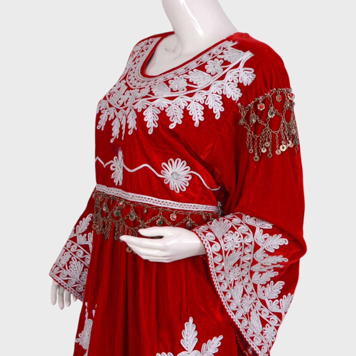 Red Velvet Afghani Dress Set with White Embroidery and Green Trousers