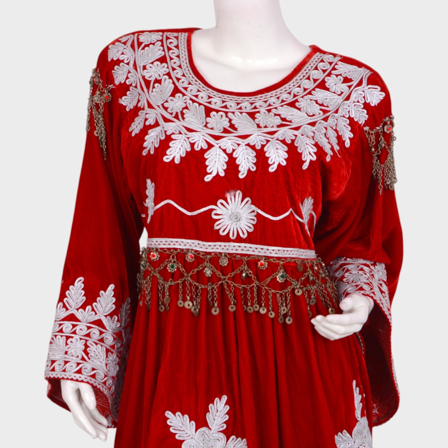 Red Velvet Afghani Dress Set with White Embroidery and Green Trousers