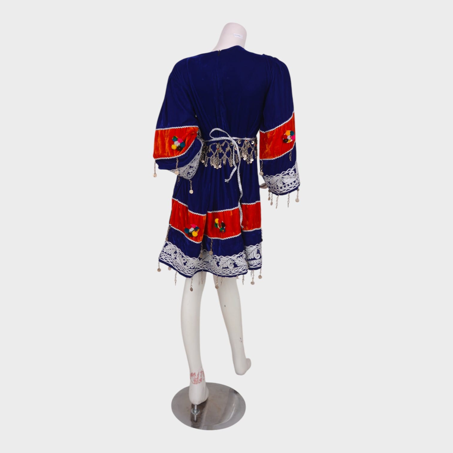 Short Blue & Red Afghani Velvet Dress with White Embroidery and Coin Details