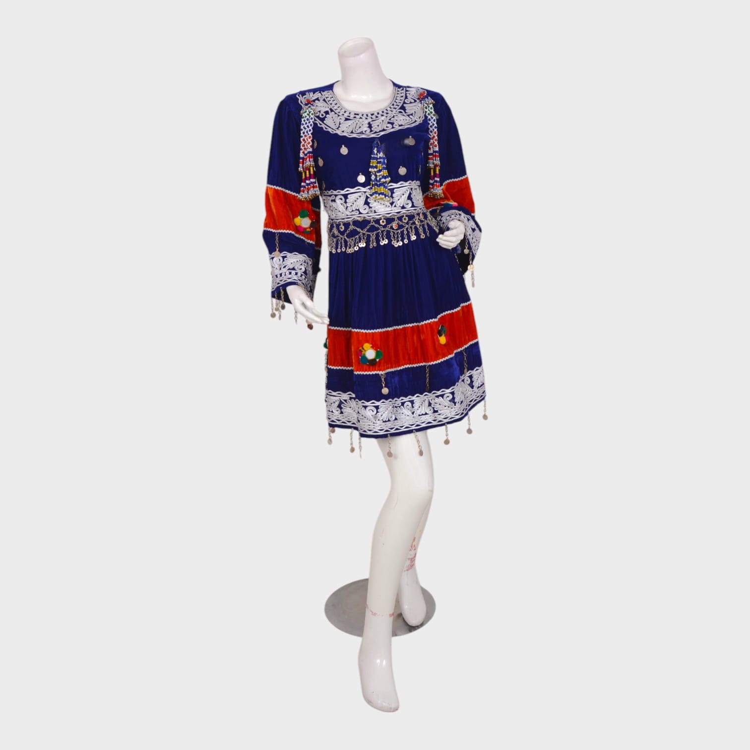 Short Blue & Red Afghani Velvet Dress with White Embroidery and Coin Details
