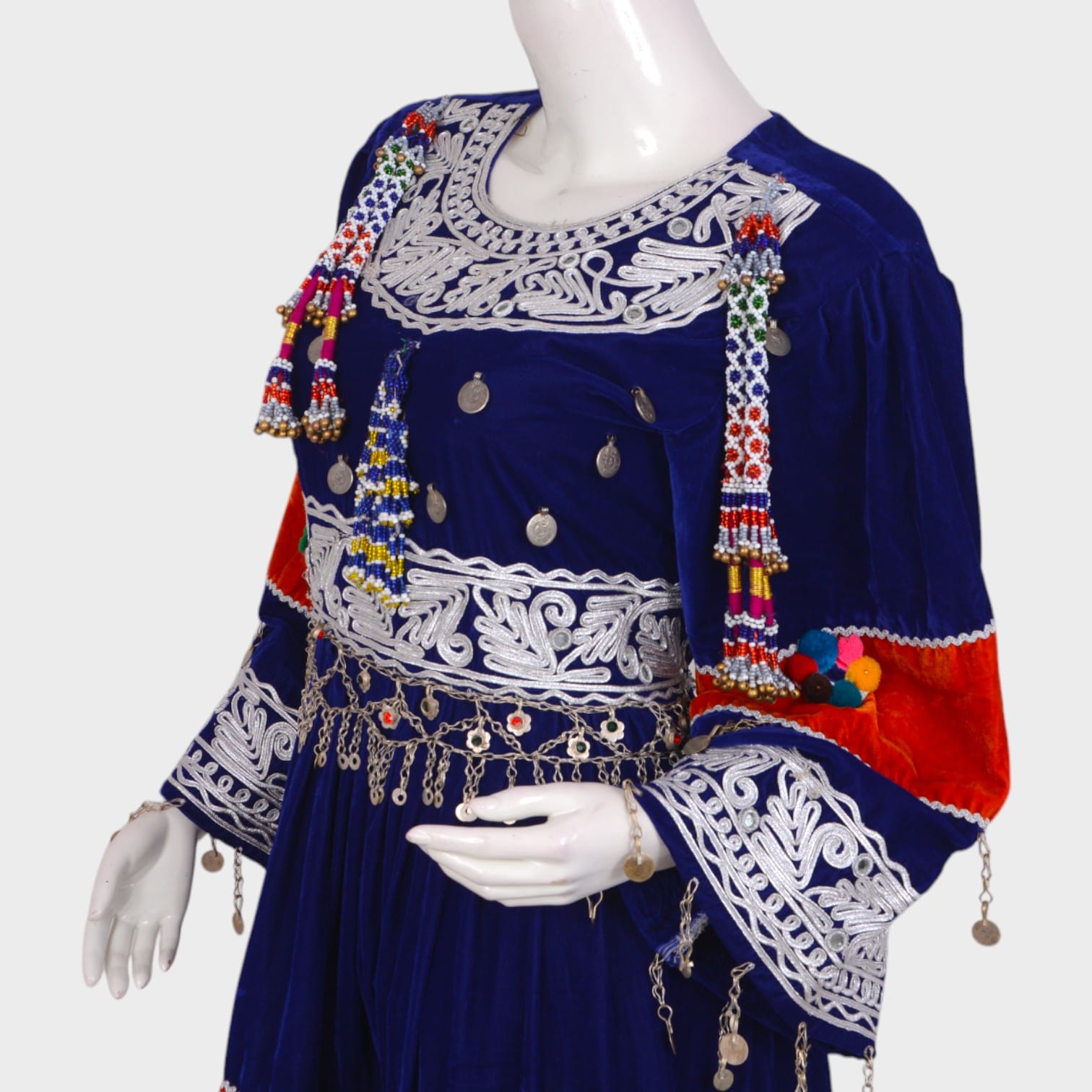 Short Blue & Red Afghani Velvet Dress with White Embroidery and Coin Details