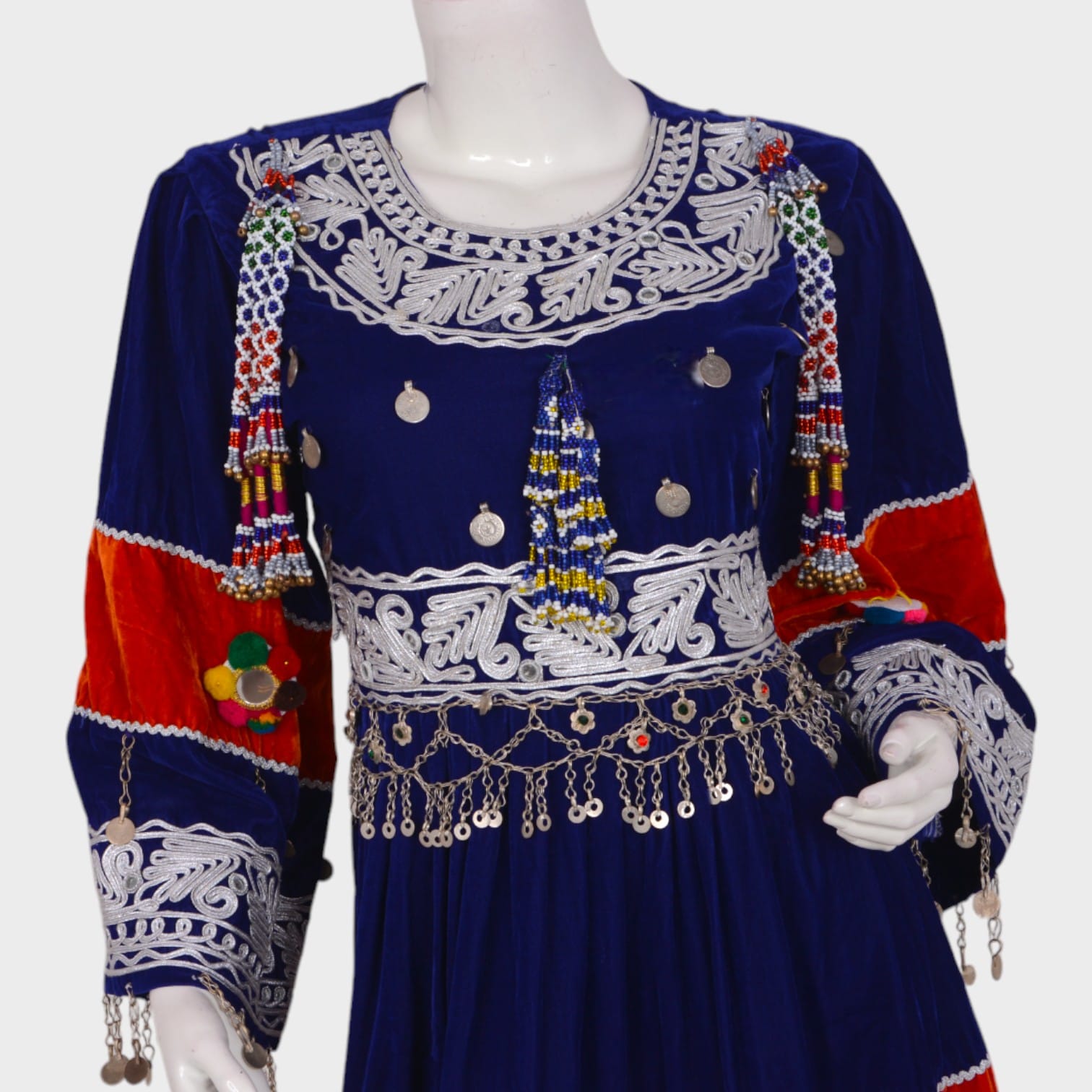 Short Blue & Red Afghani Velvet Dress with White Embroidery and Coin Details