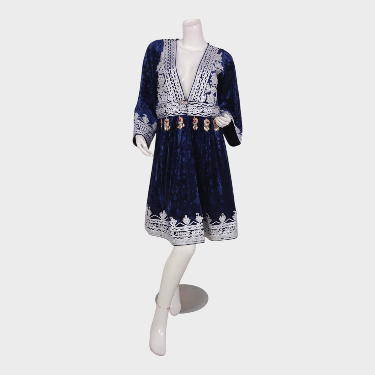 Deep Blue Velvet Afghani Dress with Silver Embroidery and Charm Detailing