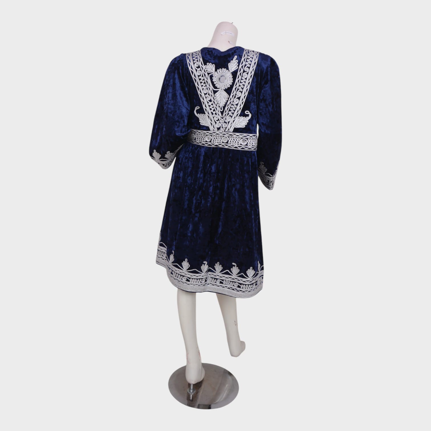 Deep Blue Velvet Afghani Dress with Silver Embroidery and Charm Detailing