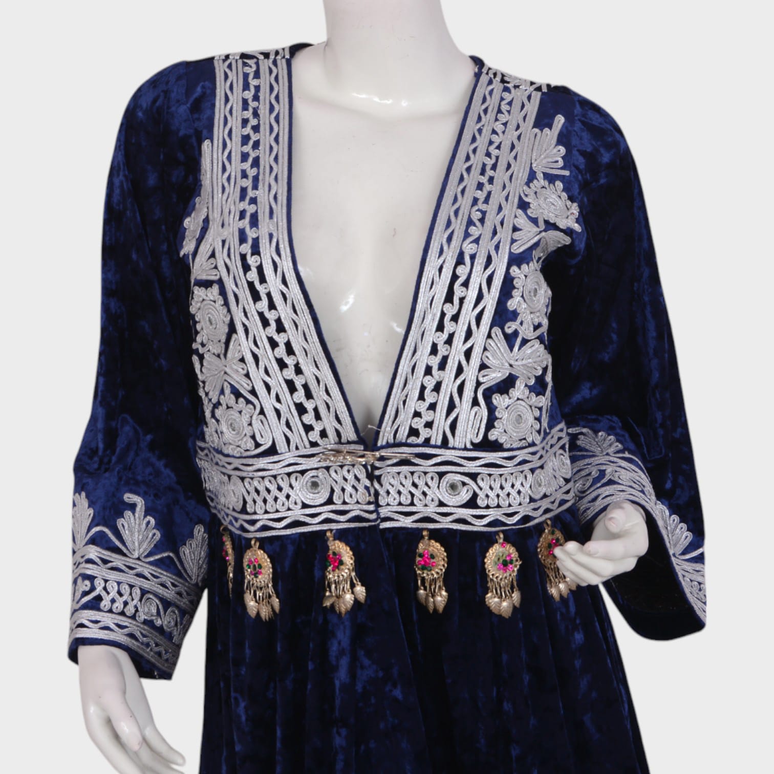 Deep Blue Velvet Afghani Dress with Silver Embroidery and Charm Detailing