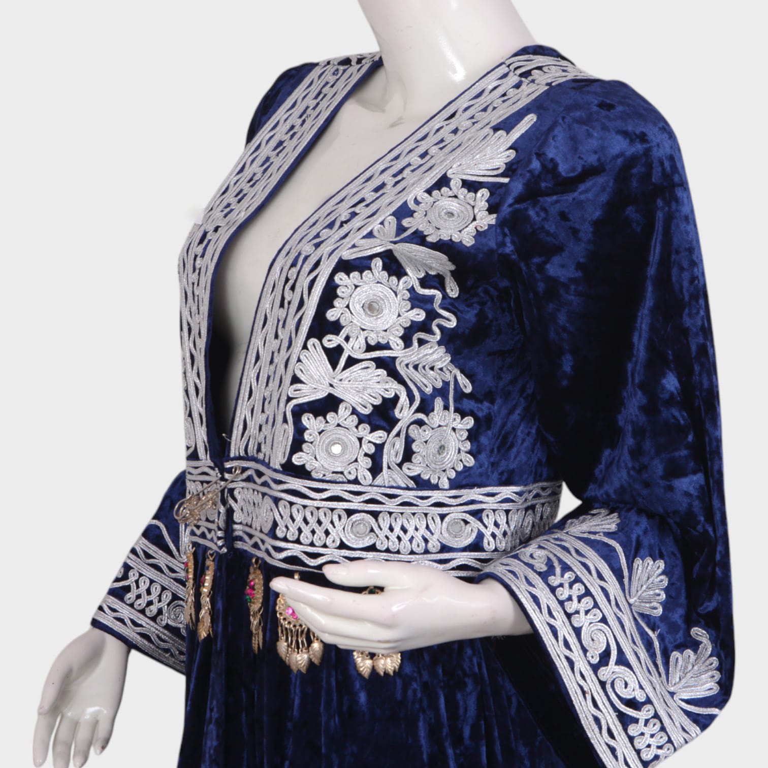 Deep Blue Velvet Afghani Dress with Silver Embroidery and Charm Detailing