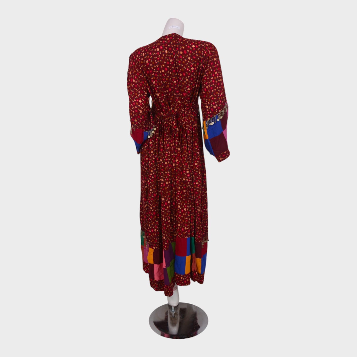Bohemian Red Afghani Dress with Patchwork Border and Traditional Embroidery