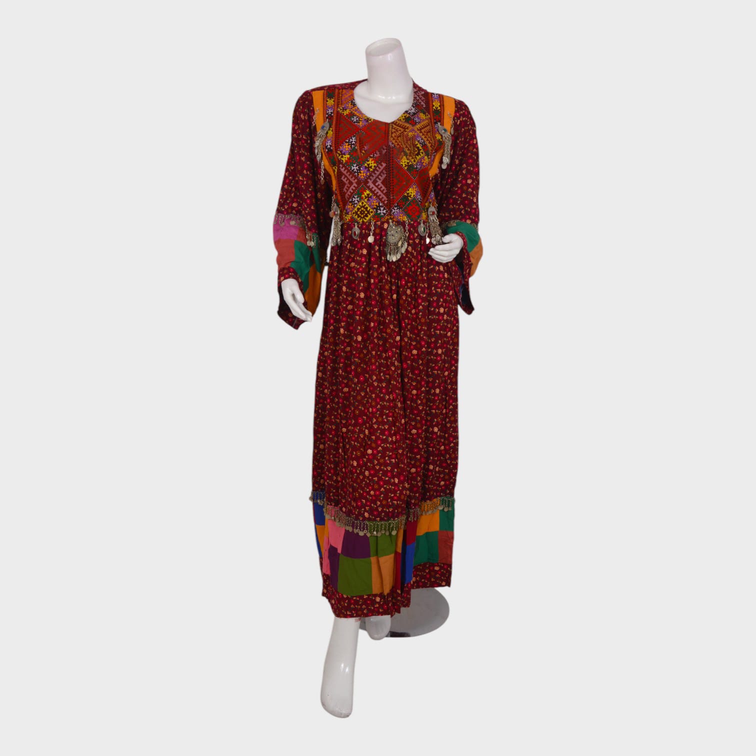 Bohemian Red Afghani Dress with Patchwork Border and Traditional Embroidery