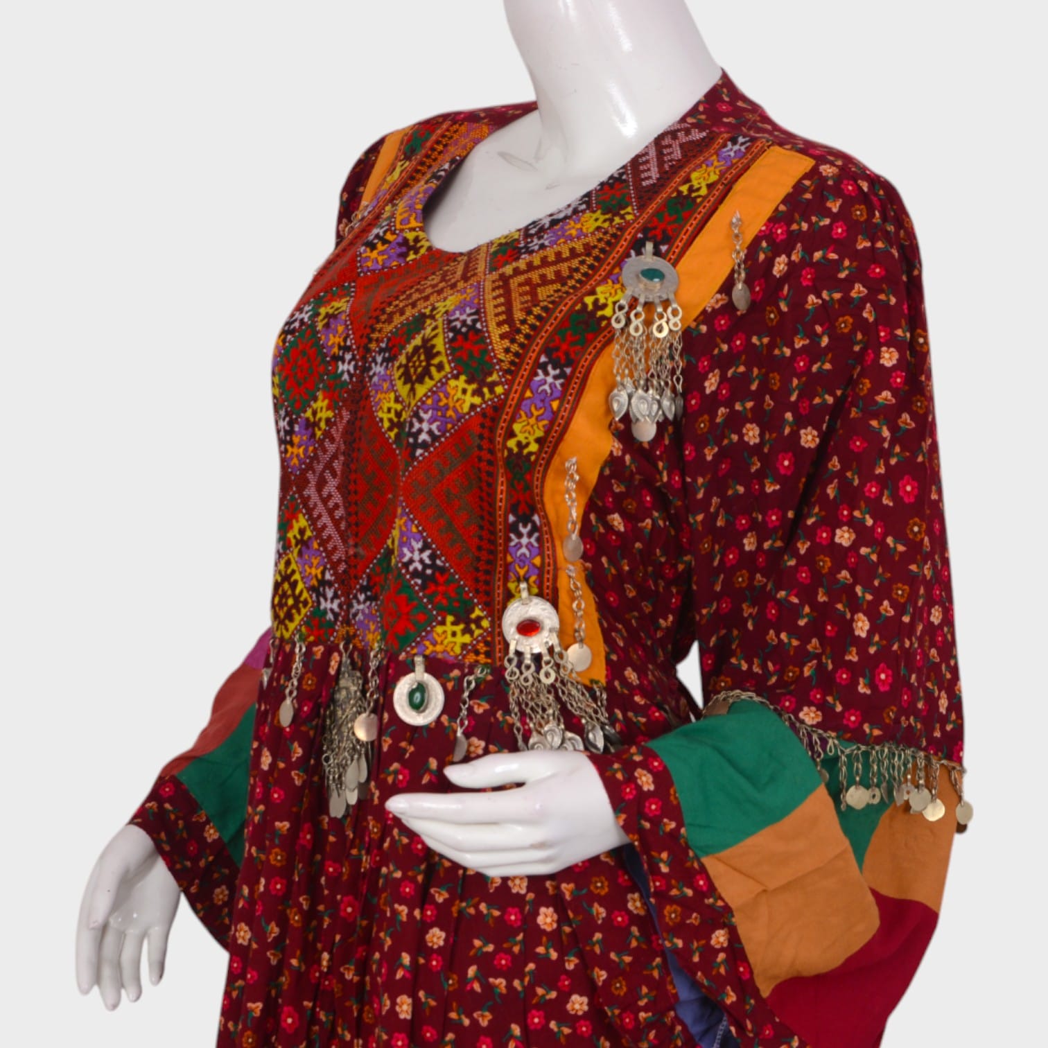 Bohemian Red Afghani Dress with Patchwork Border and Traditional Embroidery
