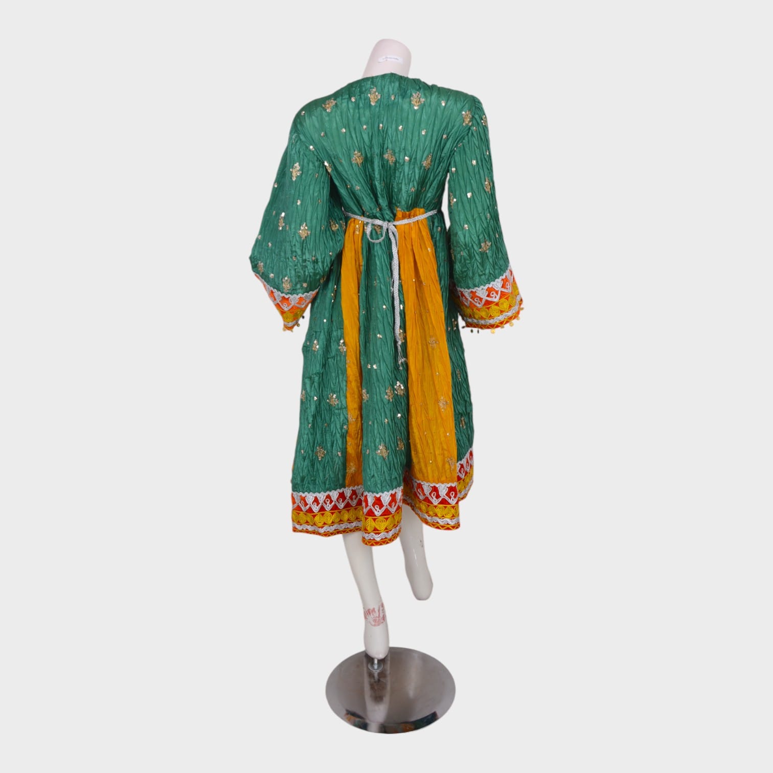 Green & Yellow Traditional Afghani Dress with Embellished Panels and Mirror Accents