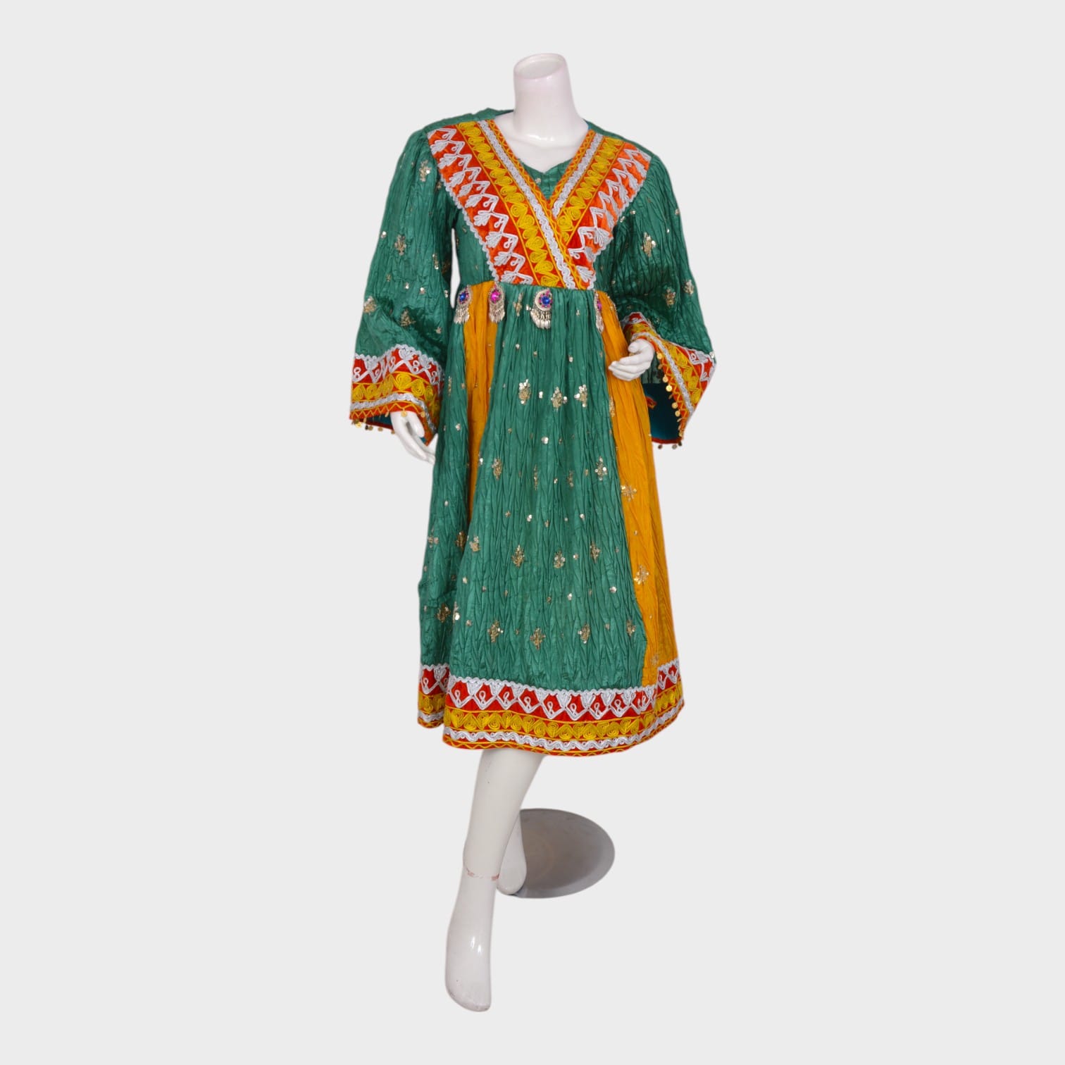 Green & Yellow Traditional Afghani Dress with Embellished Panels and Mirror Accents